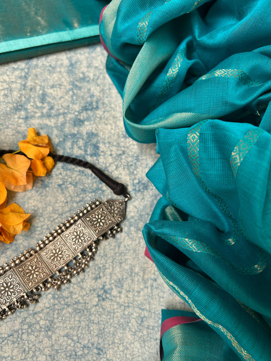 Handwoven Maheshwari Kurta Dupatta Set -Teal Blue