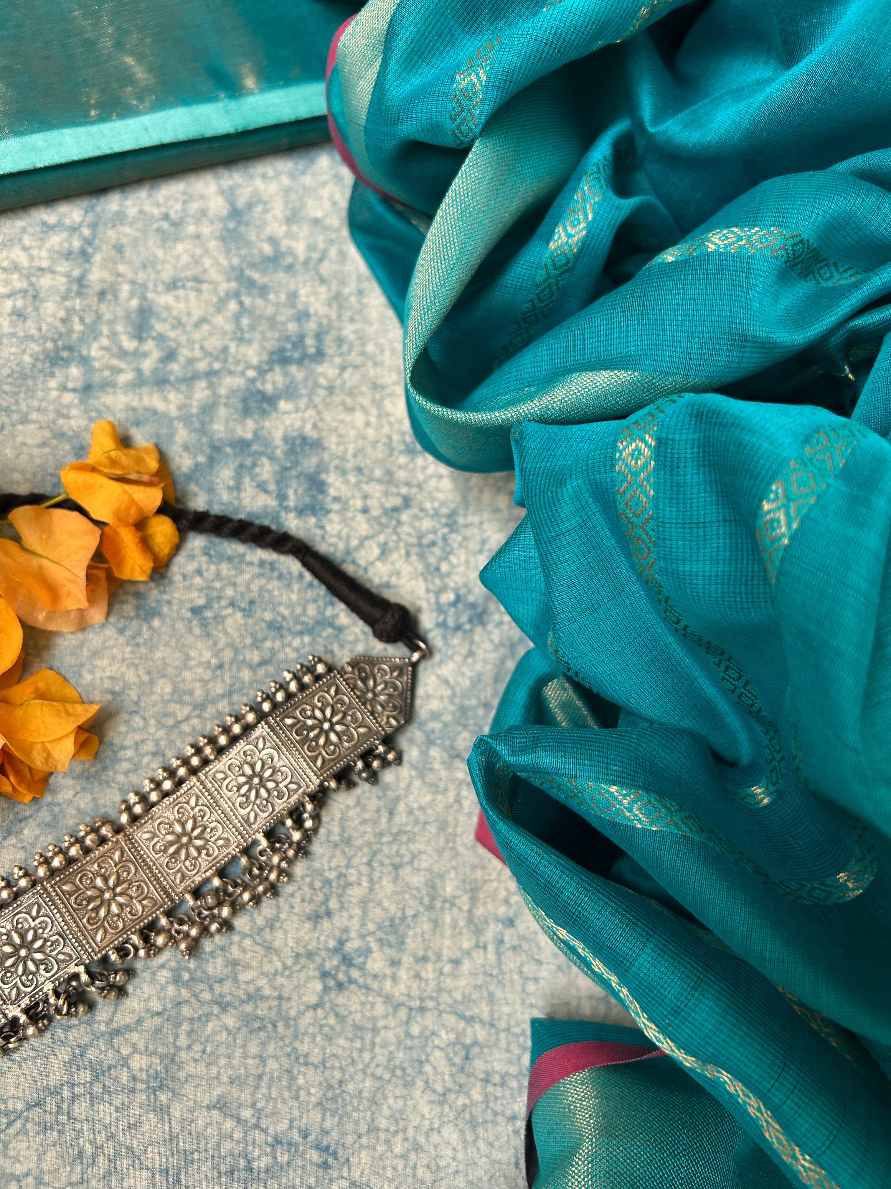 Handwoven Maheshwari Kurta Dupatta Set -Teal Blue