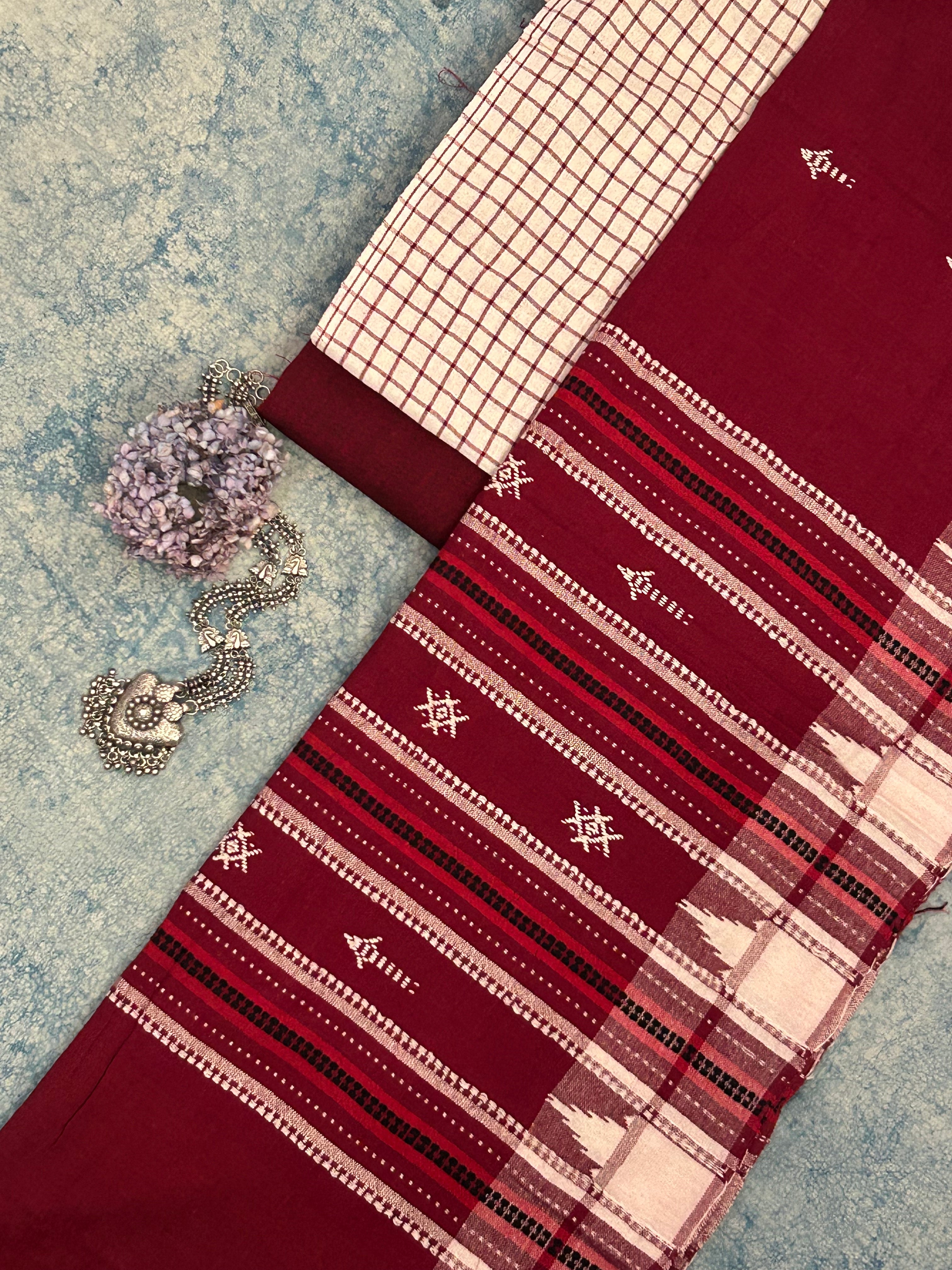 Handspun Handwoven Kotpad Suit Set - Ivory & Rust Maroon