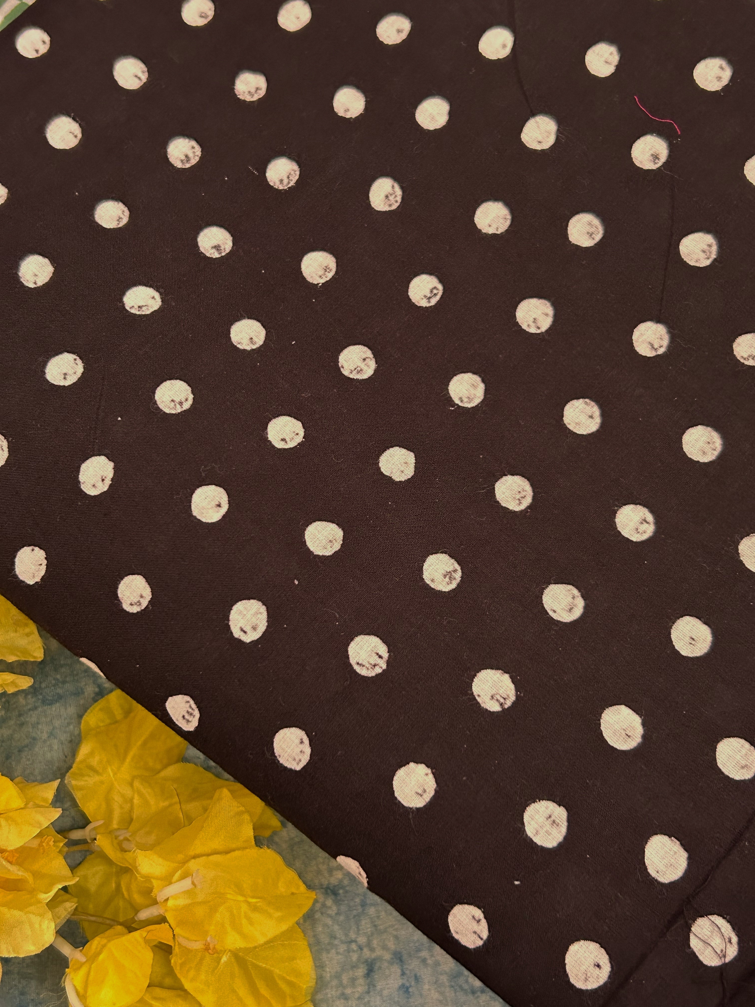 Hand Block Printed Azo free Dyed Cotton Kurta Fabric - Black Polka