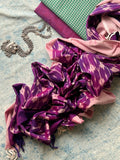 Handwoven Mangalagiri & Ikat Kurta Dupatta Set- Checkered Green and Deep Purple