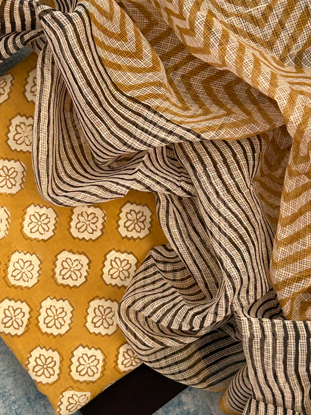 Handcrafted Cotton Suit Set - Mustard Floral Zigzag and Black