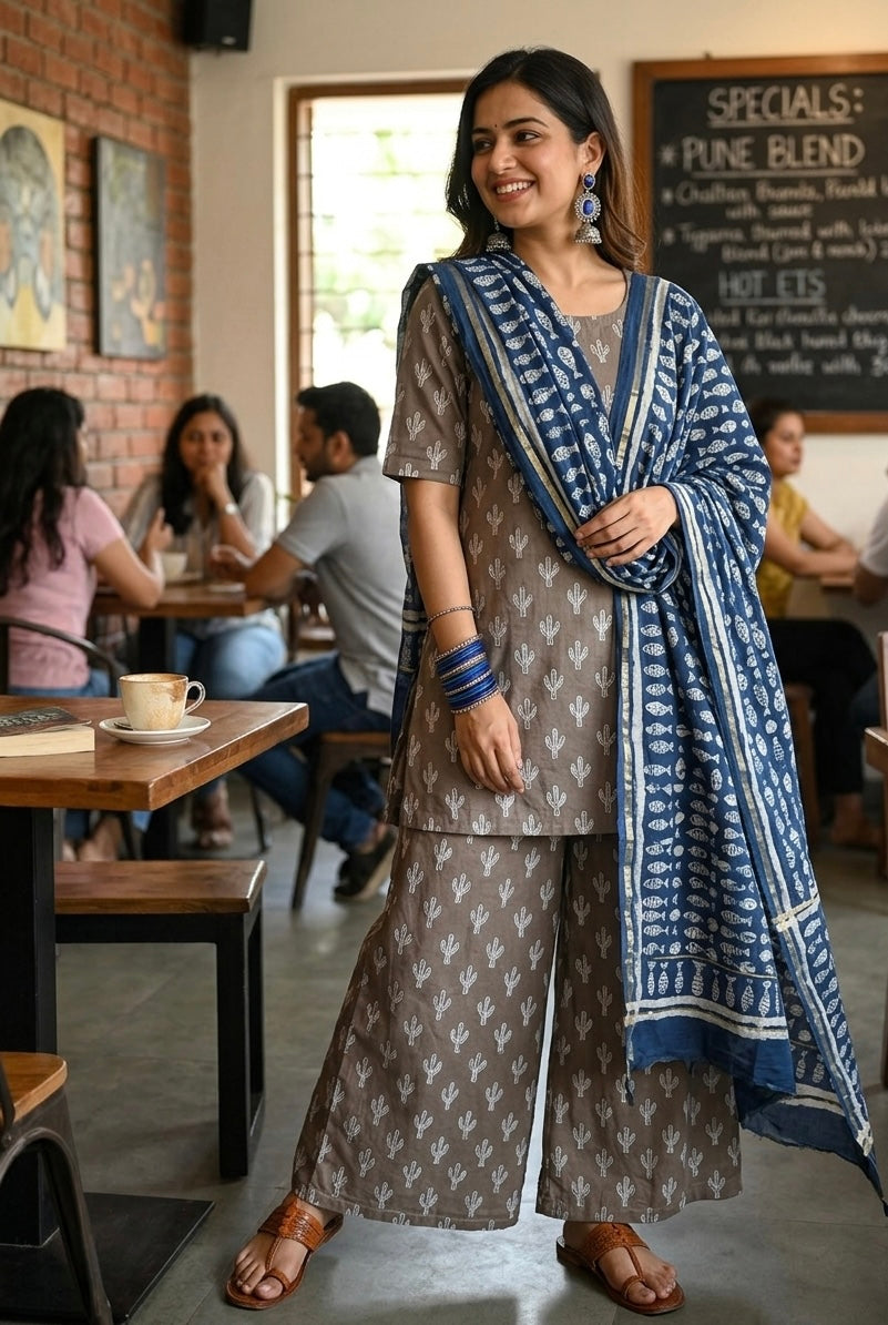 Handcrafted Cotton Suit - Mocha and Marine