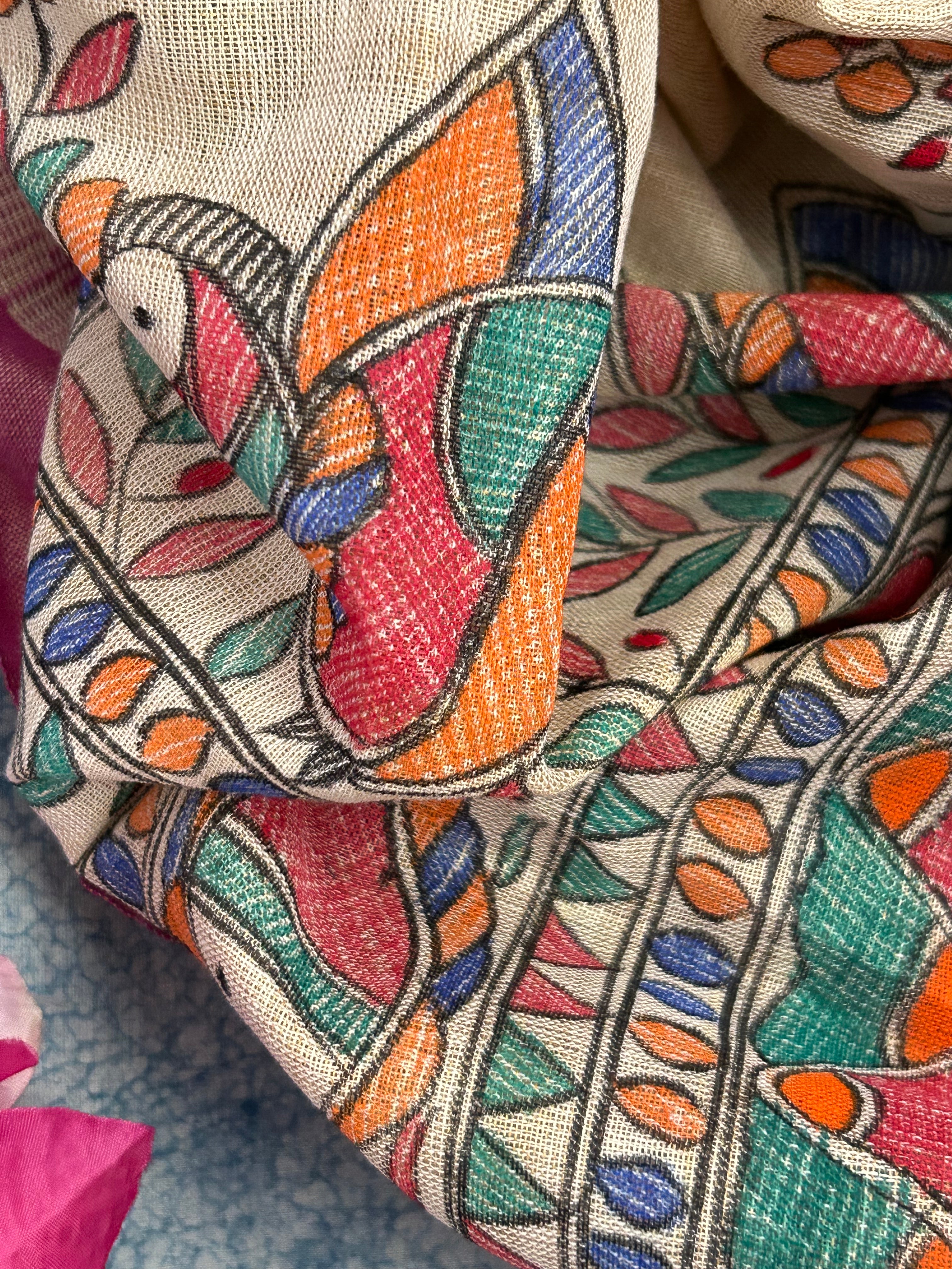 Madhubani Handpainted Cotton Silk Dupatta