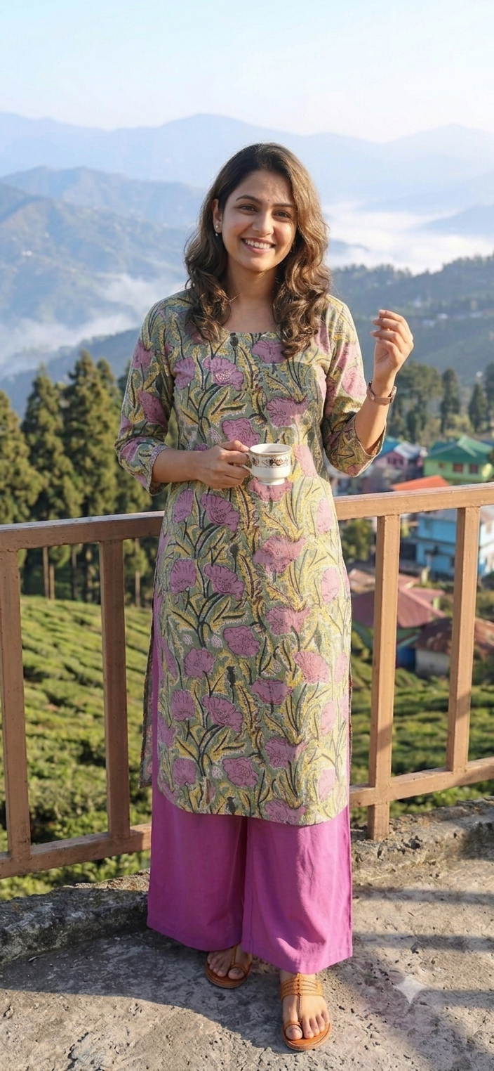 Handblock  Cotton Fabric -  Orchid Pink and Green Floral Jaal