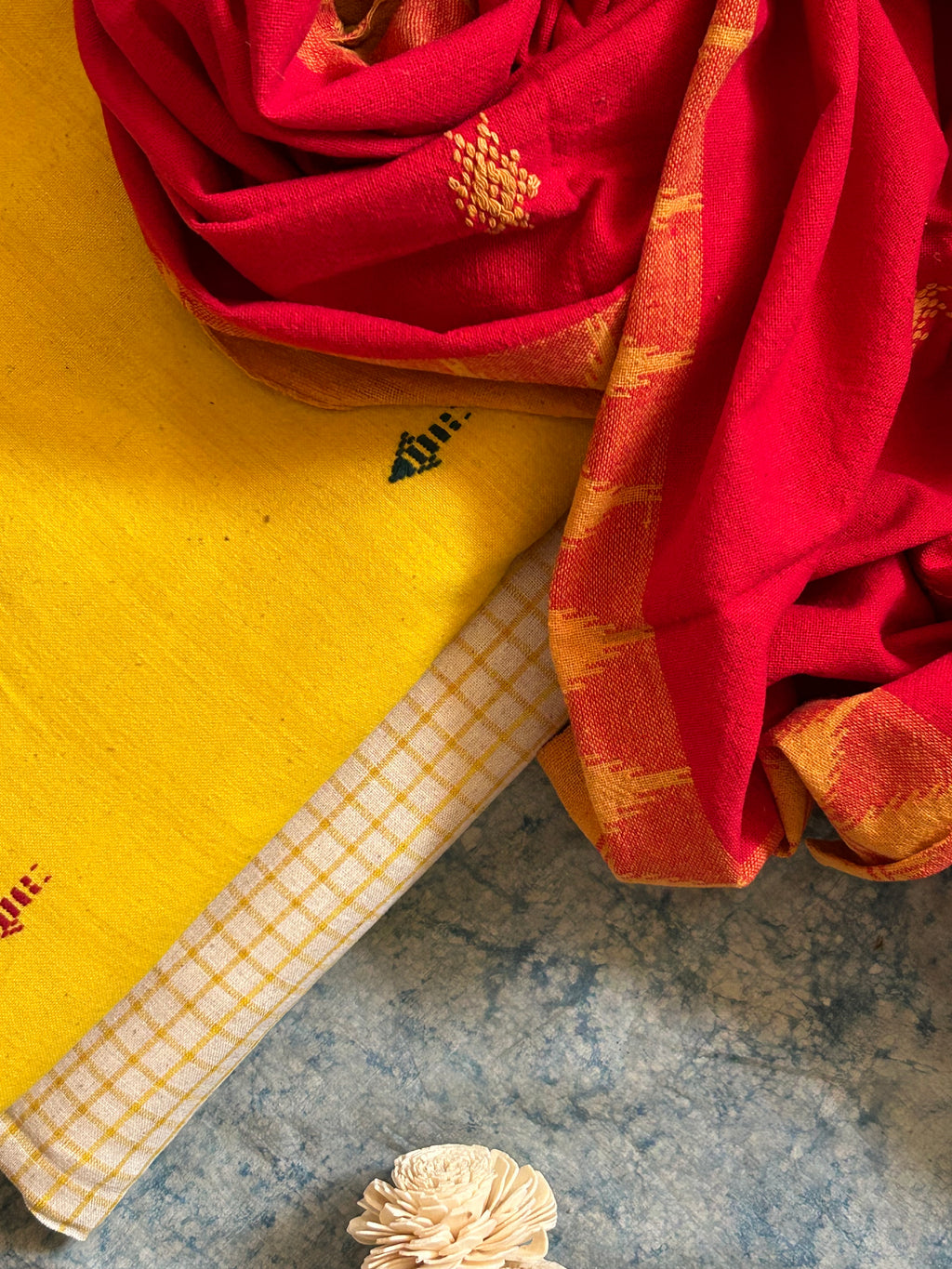 Handspun Handwoven Kotpad Suit Set - Yellow Butti & Check