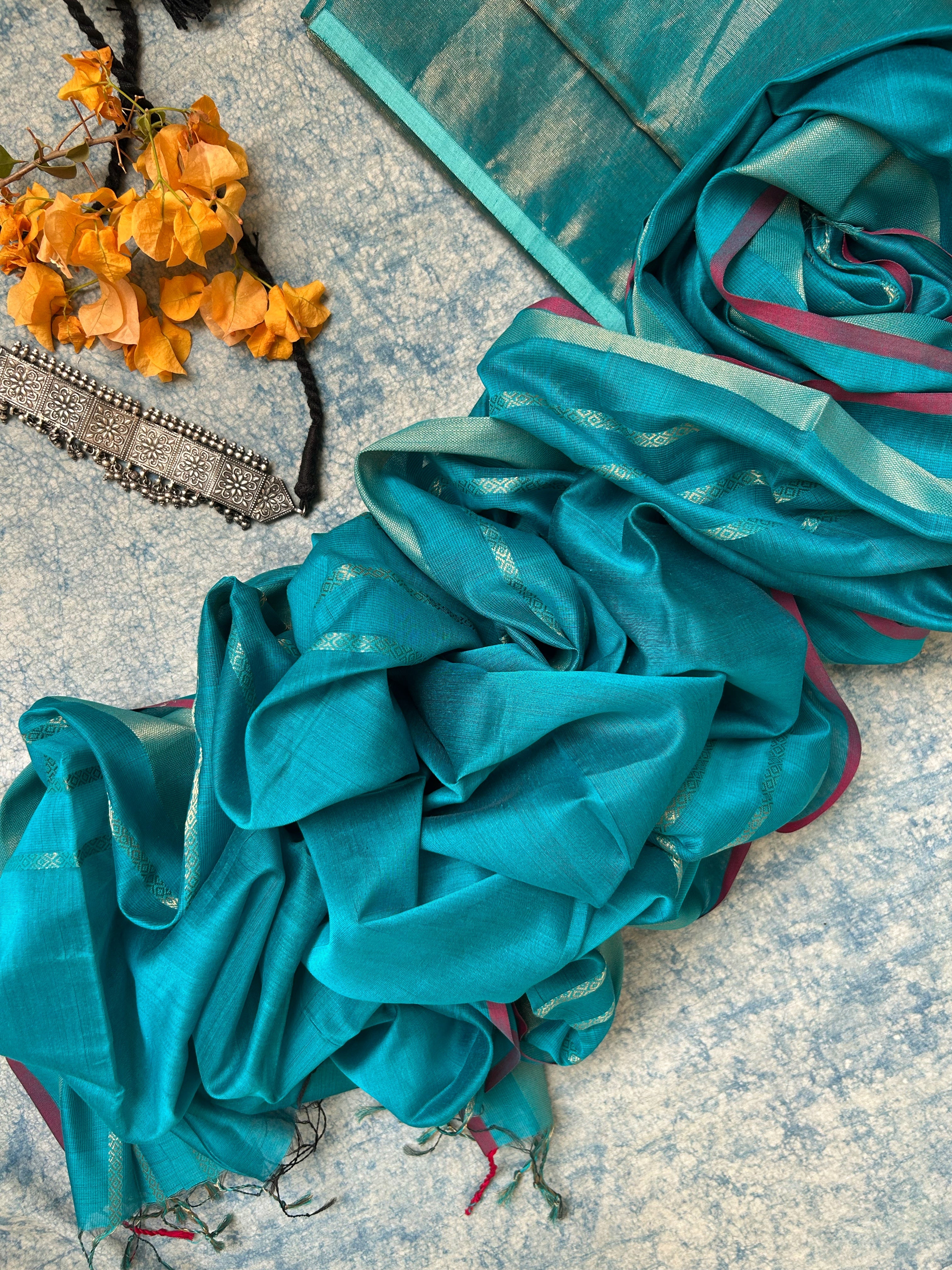 Handwoven Maheshwari Kurta Dupatta Set -Teal Blue