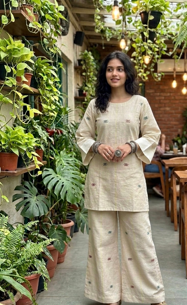 Handspun Handwoven Kotpad Suit Set - Ivory Multi Colour Butti