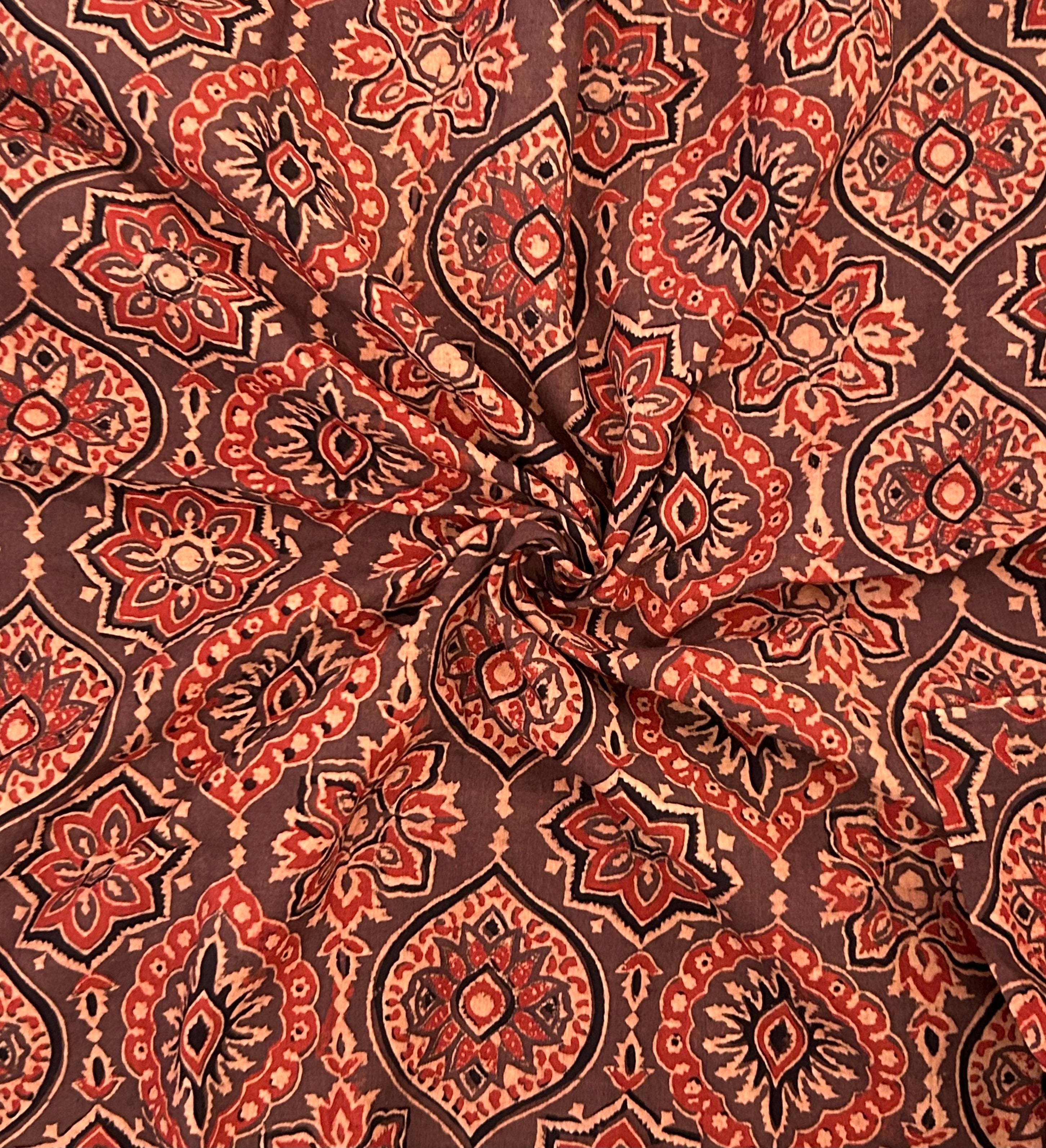 Handblock Printed Ajrakh Cotton - Chickoo Jaal (1m)