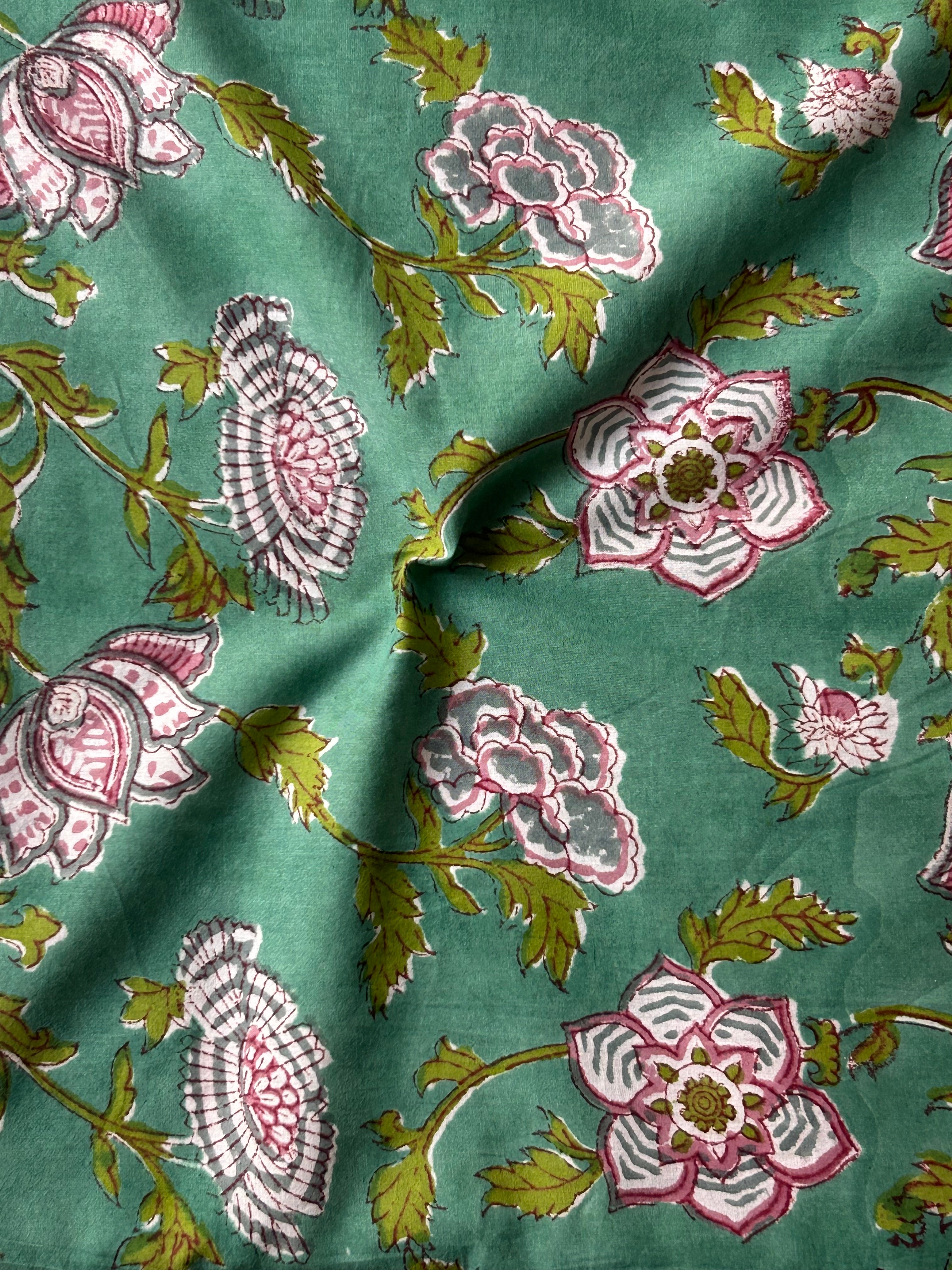 Handblock 2.5m Cotton Fabric - Sea Green
