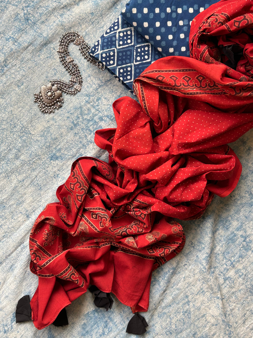 Daboo and Ajrakh Handblock Printed Set - Indigo and Madder Red