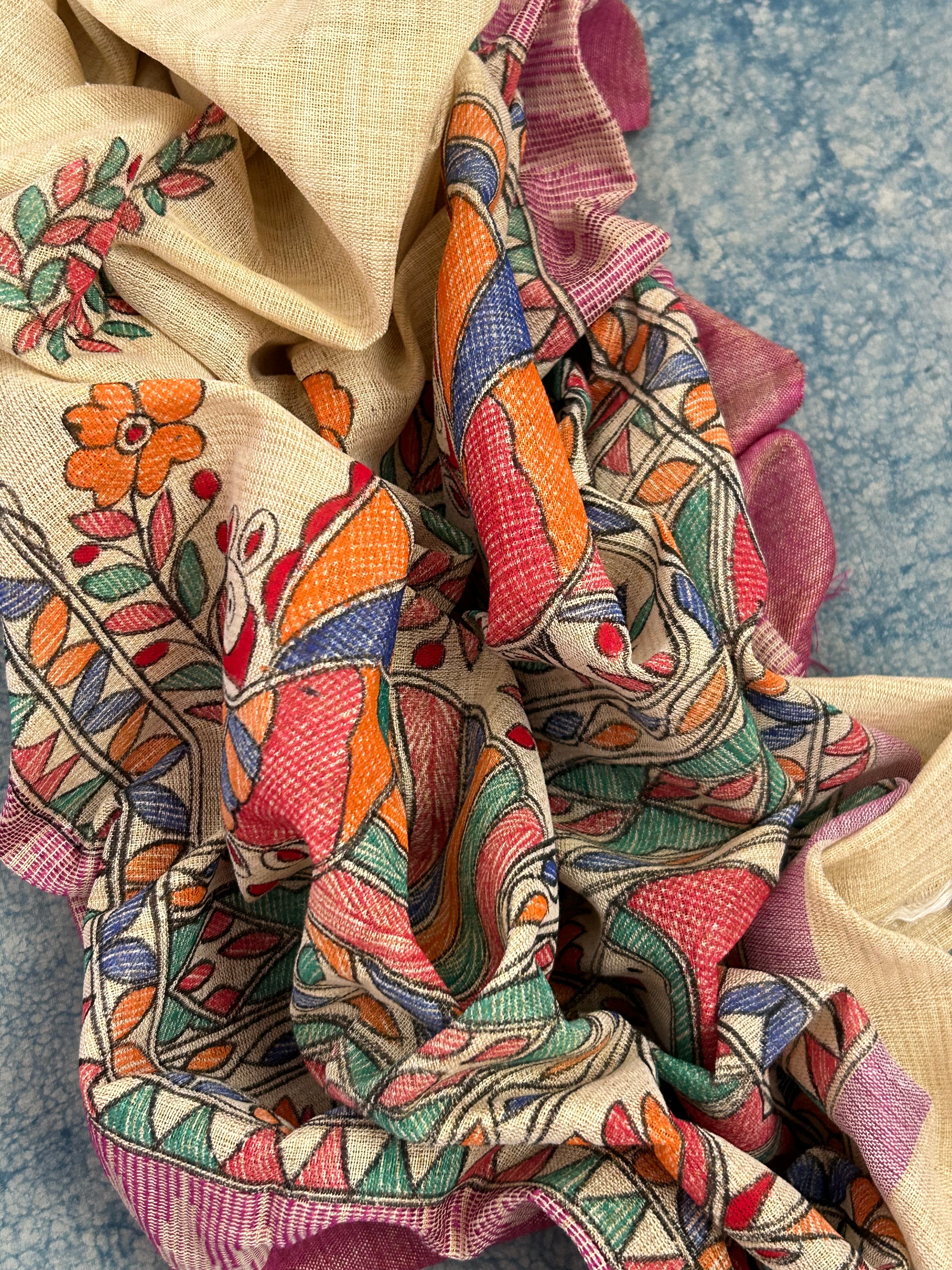 Madhubani Handpainted Cotton Silk Dupatta
