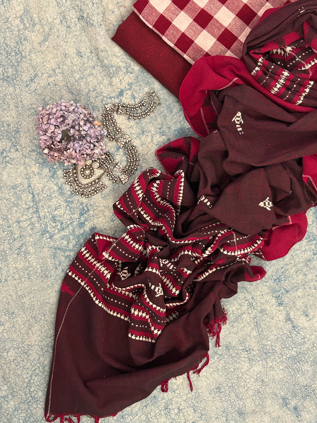 Handspun Handwoven Kotpad Suit Set - Maroon Checks