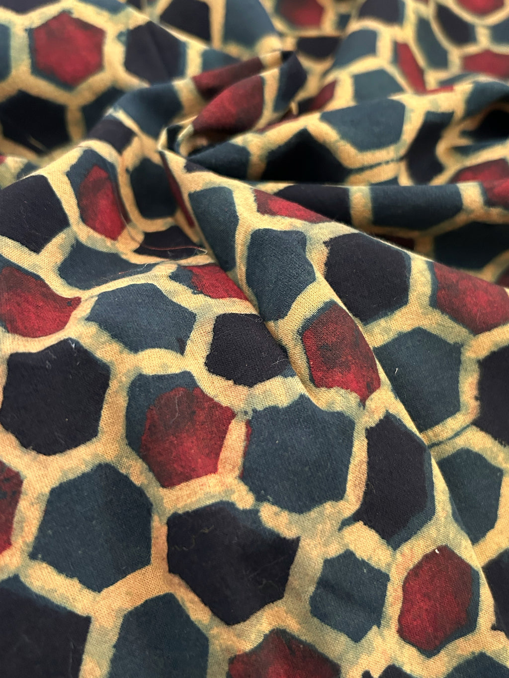 Handblock Printed Ajrakh Cotton - Green Honeycomb (2.4m)