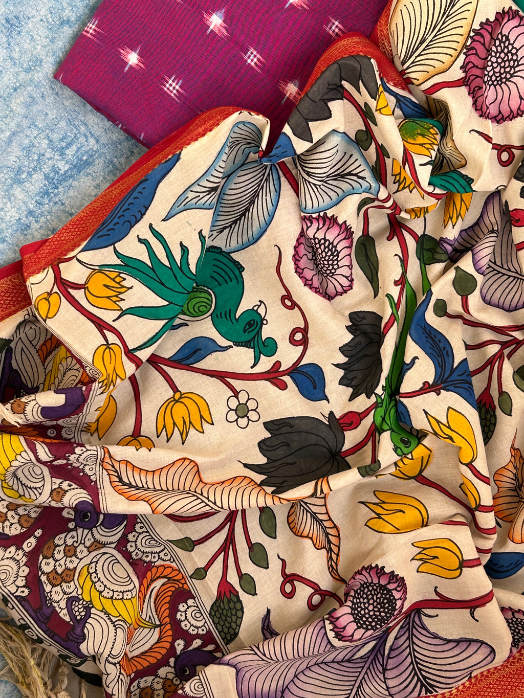 Handwoven Handcrafted Kalamkari Double Ikat Kurta Dupatta Set