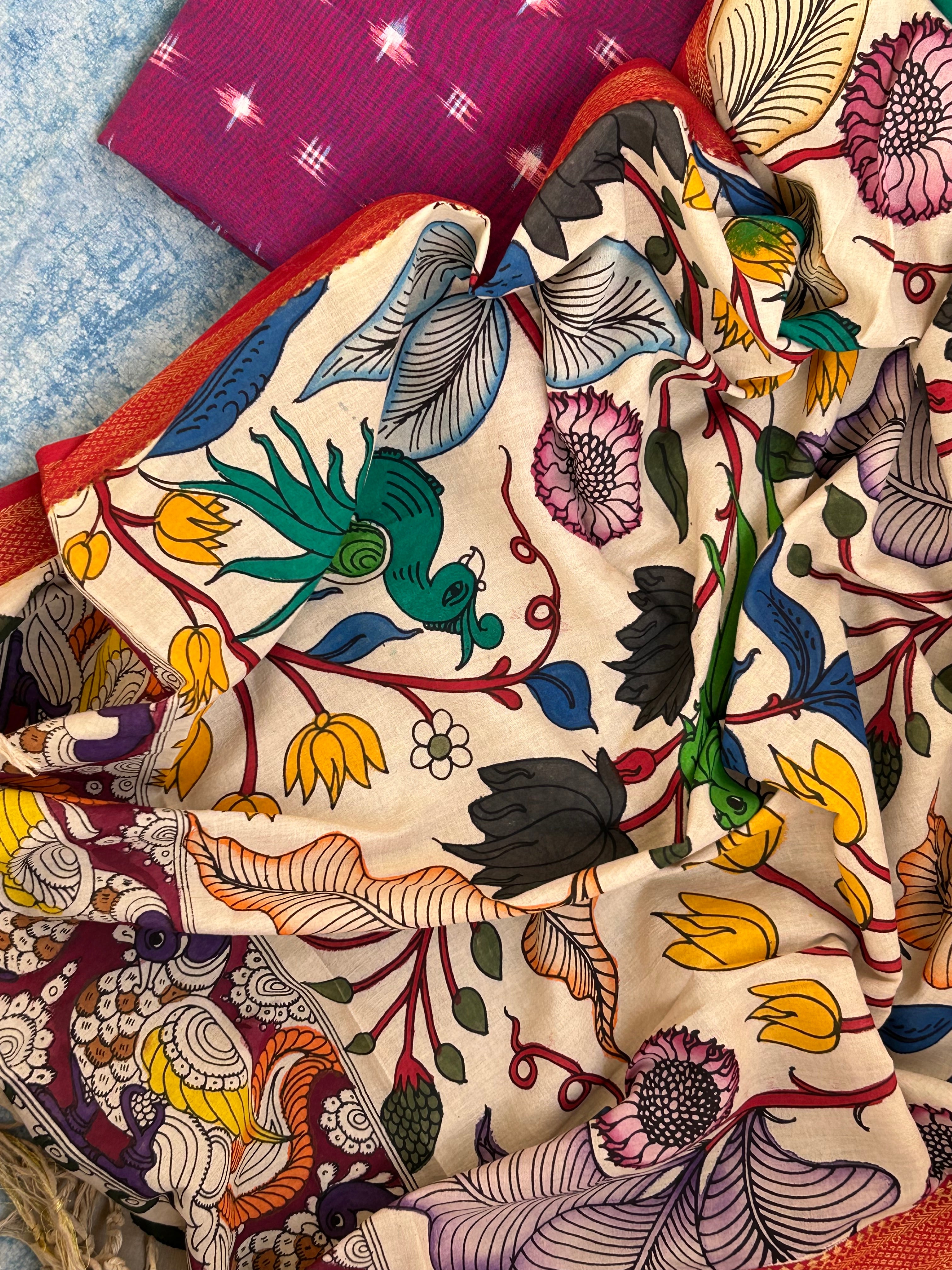 Handwoven Handcrafted Kalamkari Double Ikat Kurta Dupatta Set