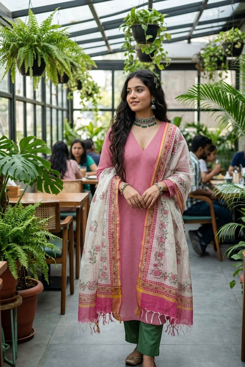 Handwoven Handblock Printed Set - Berry Pink