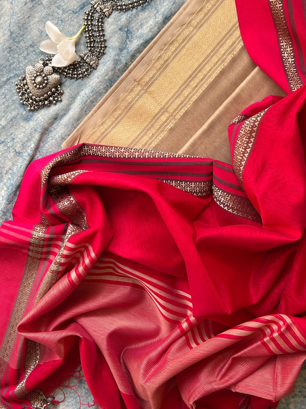 Handwoven Maheshwari Kurta Dupatta Set -Almond & Strawberry Red