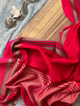 Handwoven Maheshwari Kurta Dupatta Set -Almond & Strawberry Red