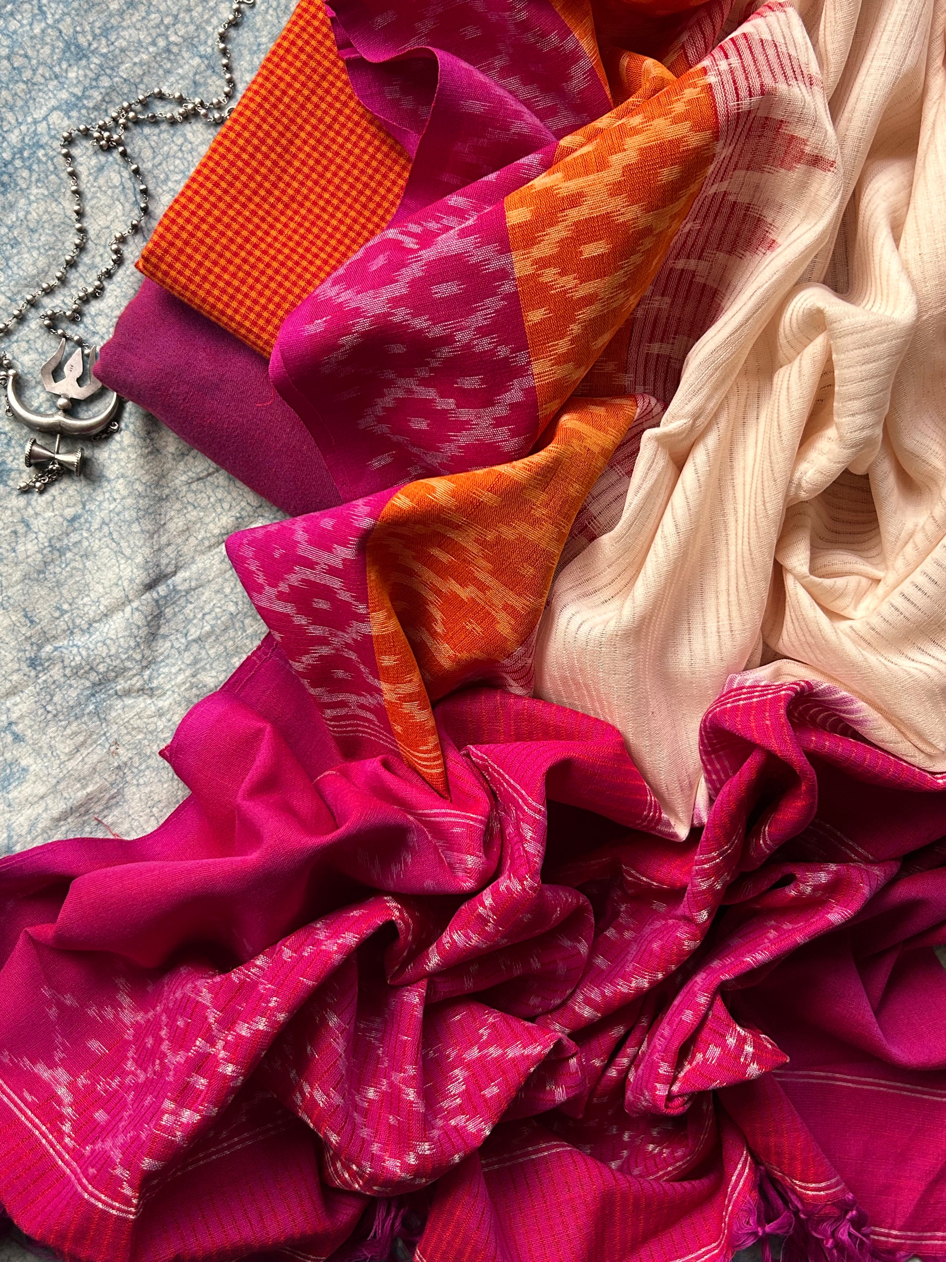 Handwoven Ikat Kurta Dupatta Set- Orange and Magenta
