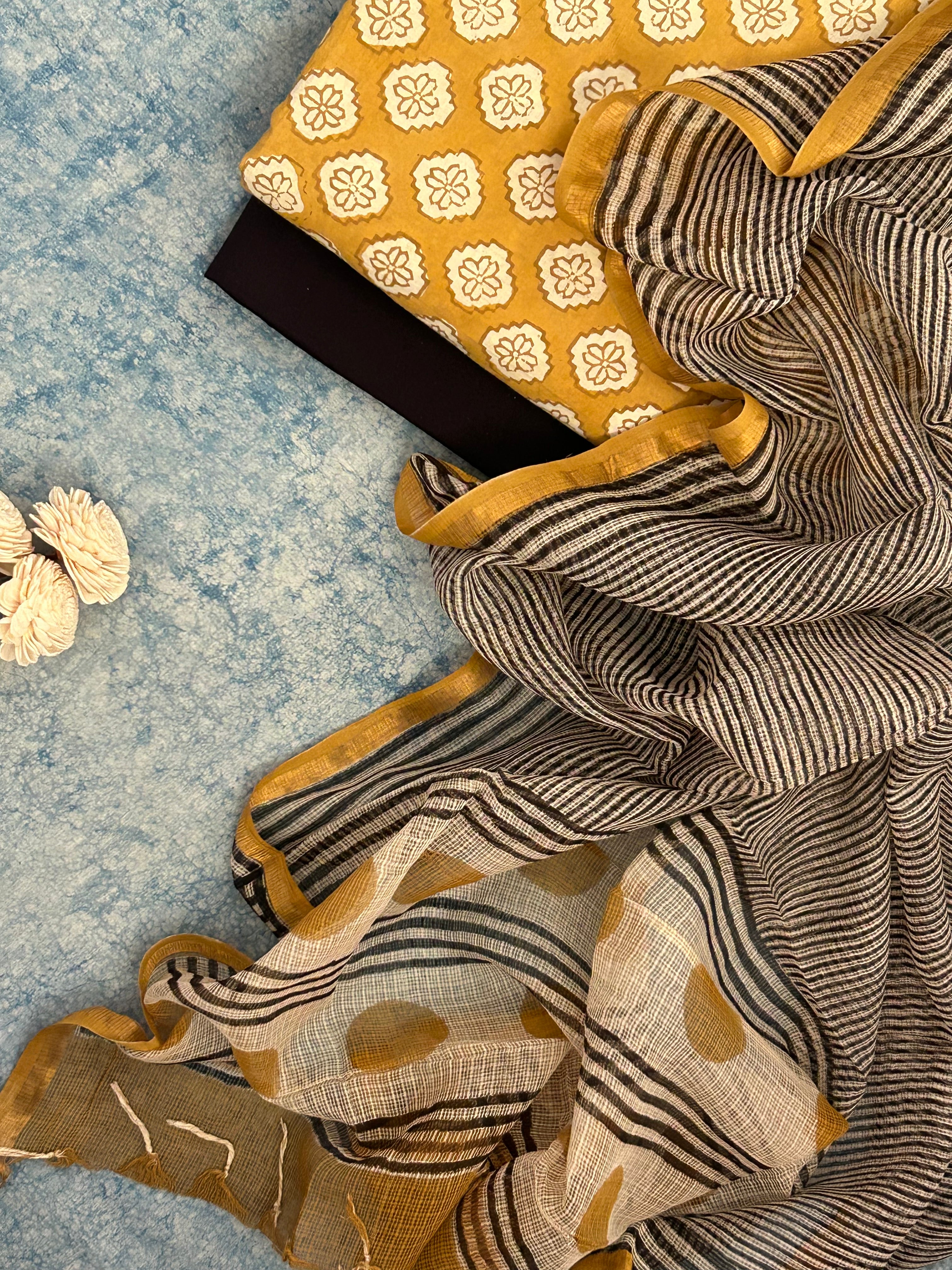 Handcrafted Cotton Suit Set - Mustard Floral and Black