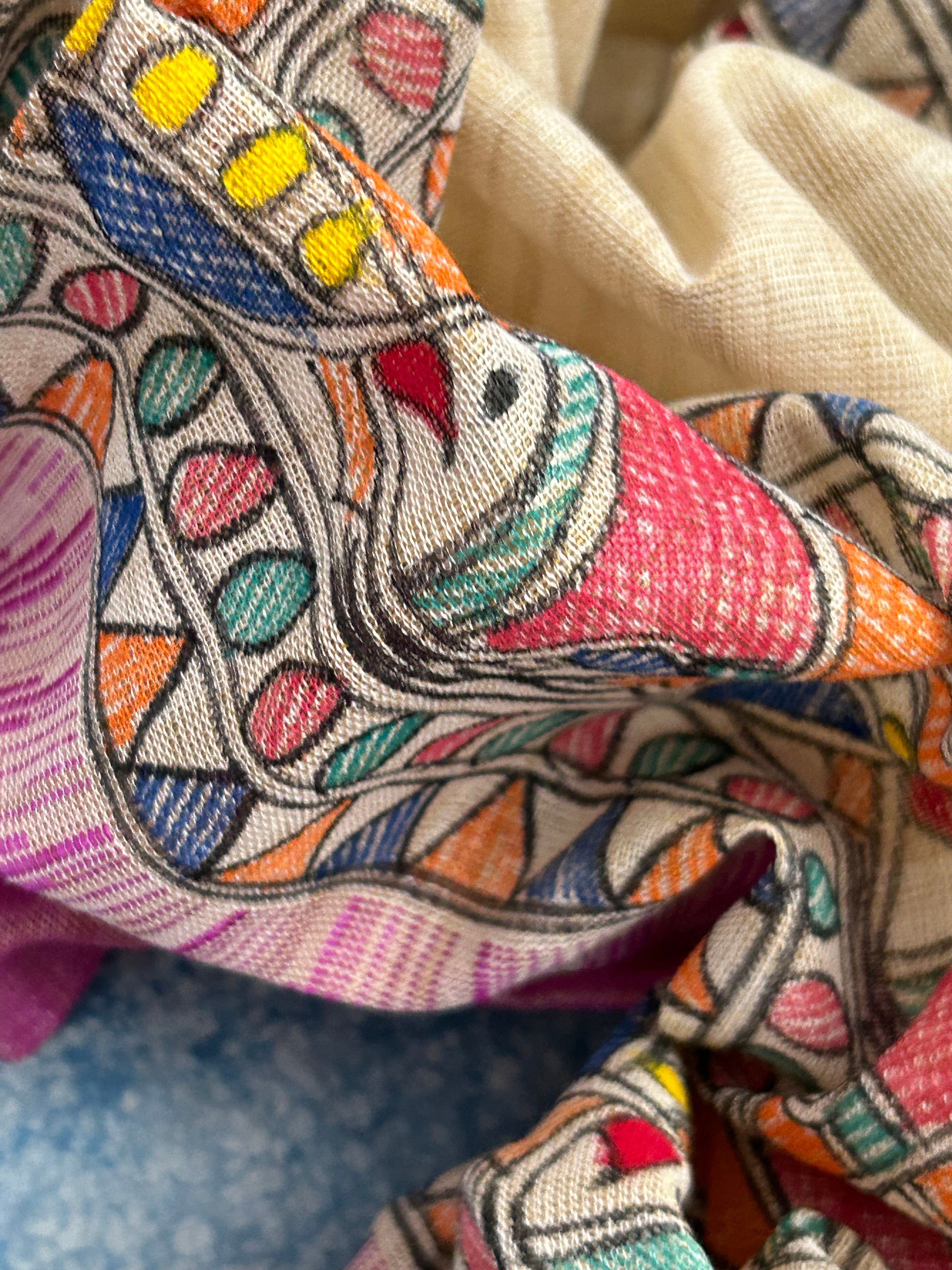 Madhubani Handpainted Cotton Silk Dupatta