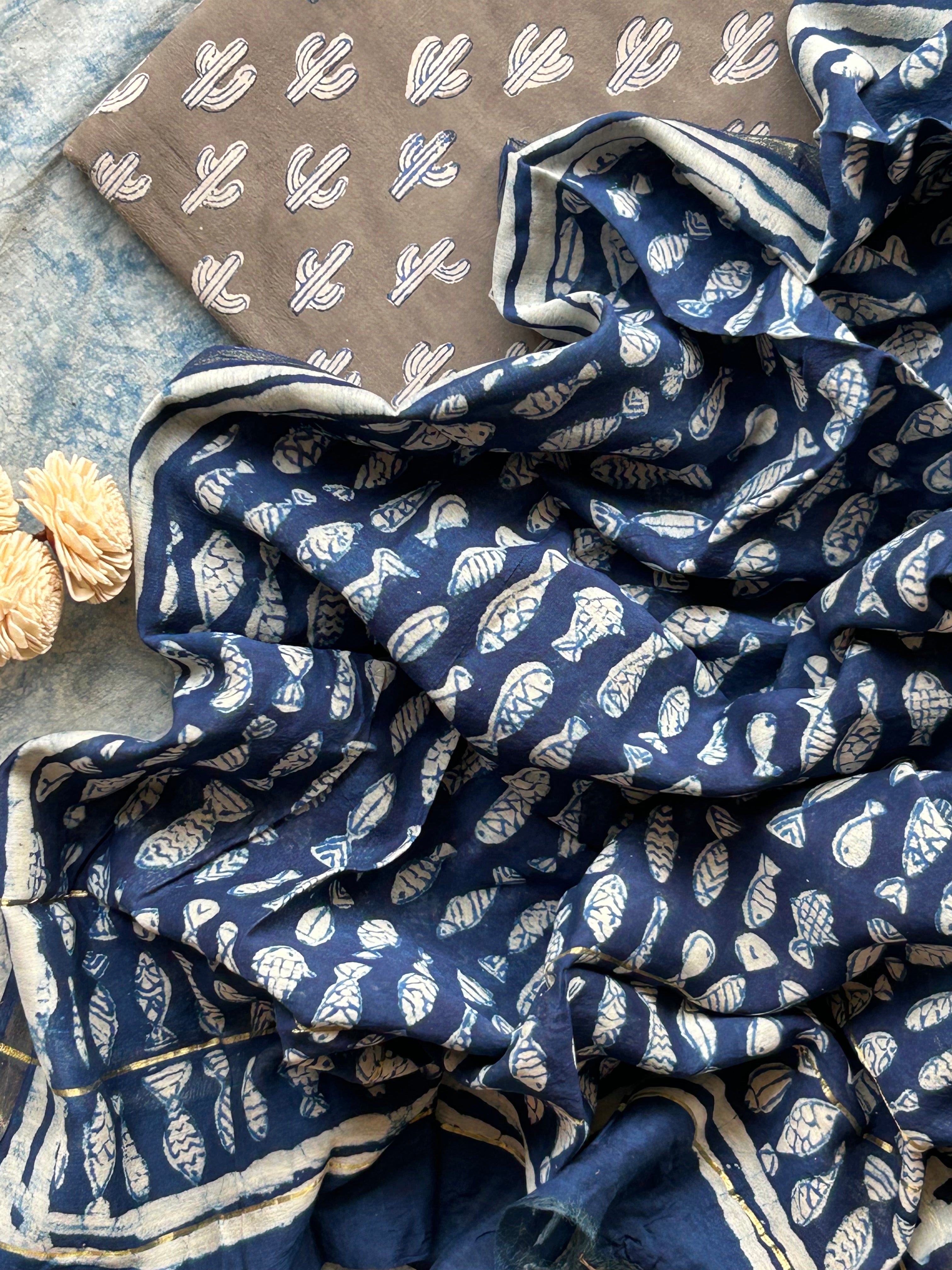 Handcrafted Cotton Suit - Mocha and Marine