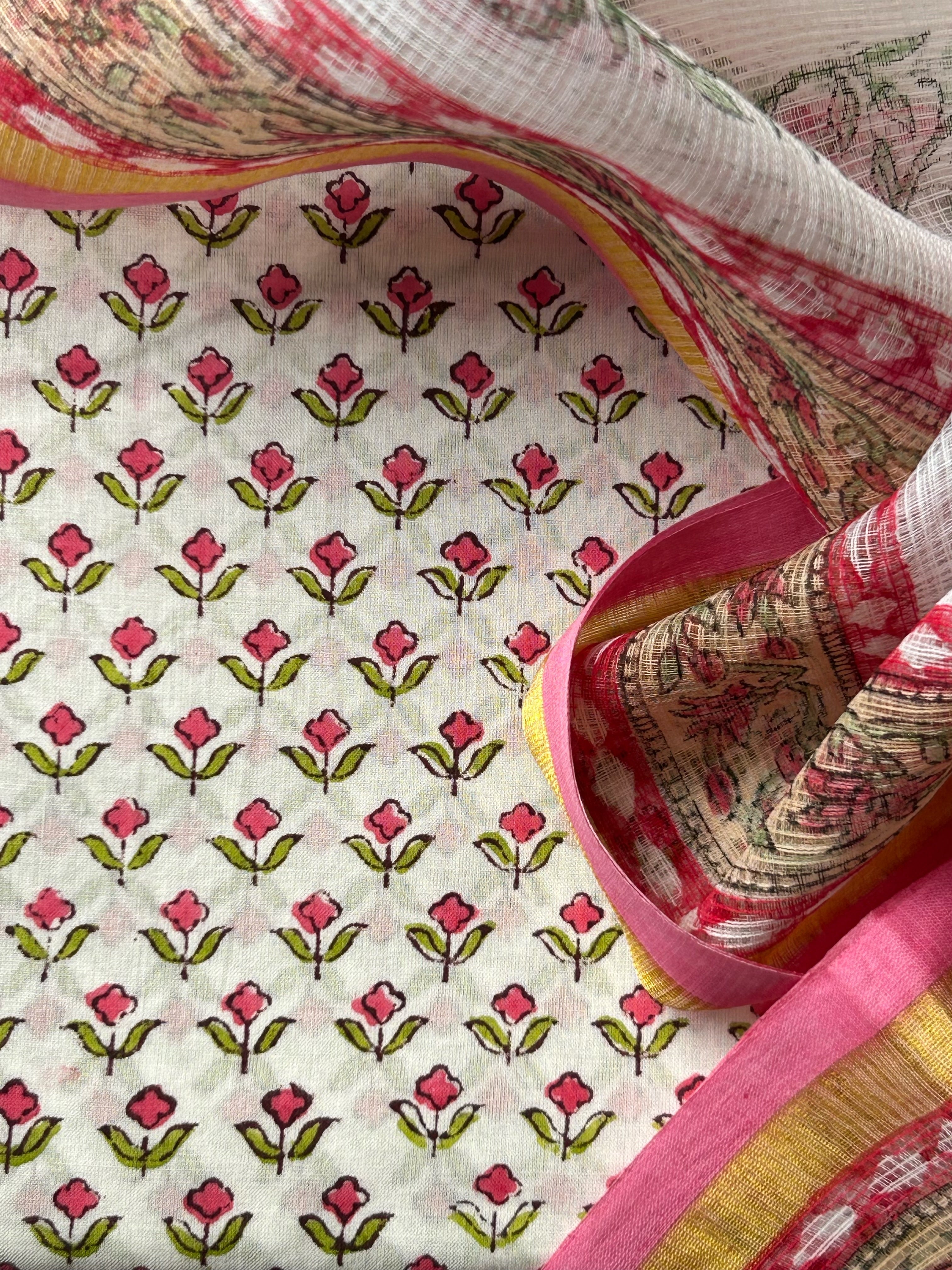 Handcrafted Cotton Suit Set - White Floral Butta