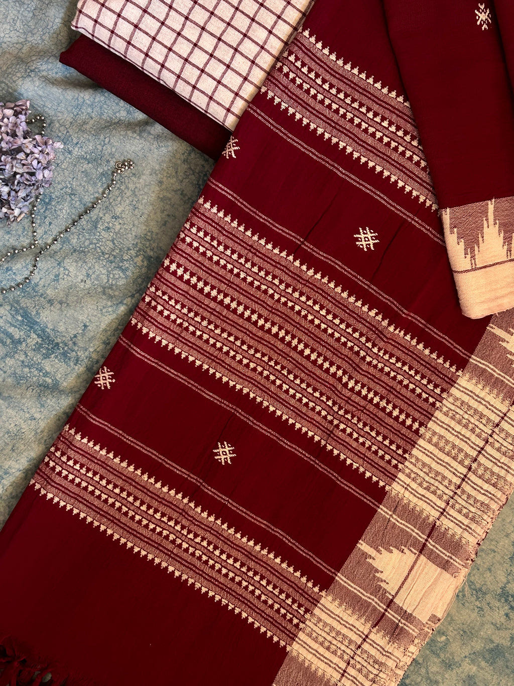 Handspun Handwoven Kotpad Suit Set - Ivory Maroon Checks