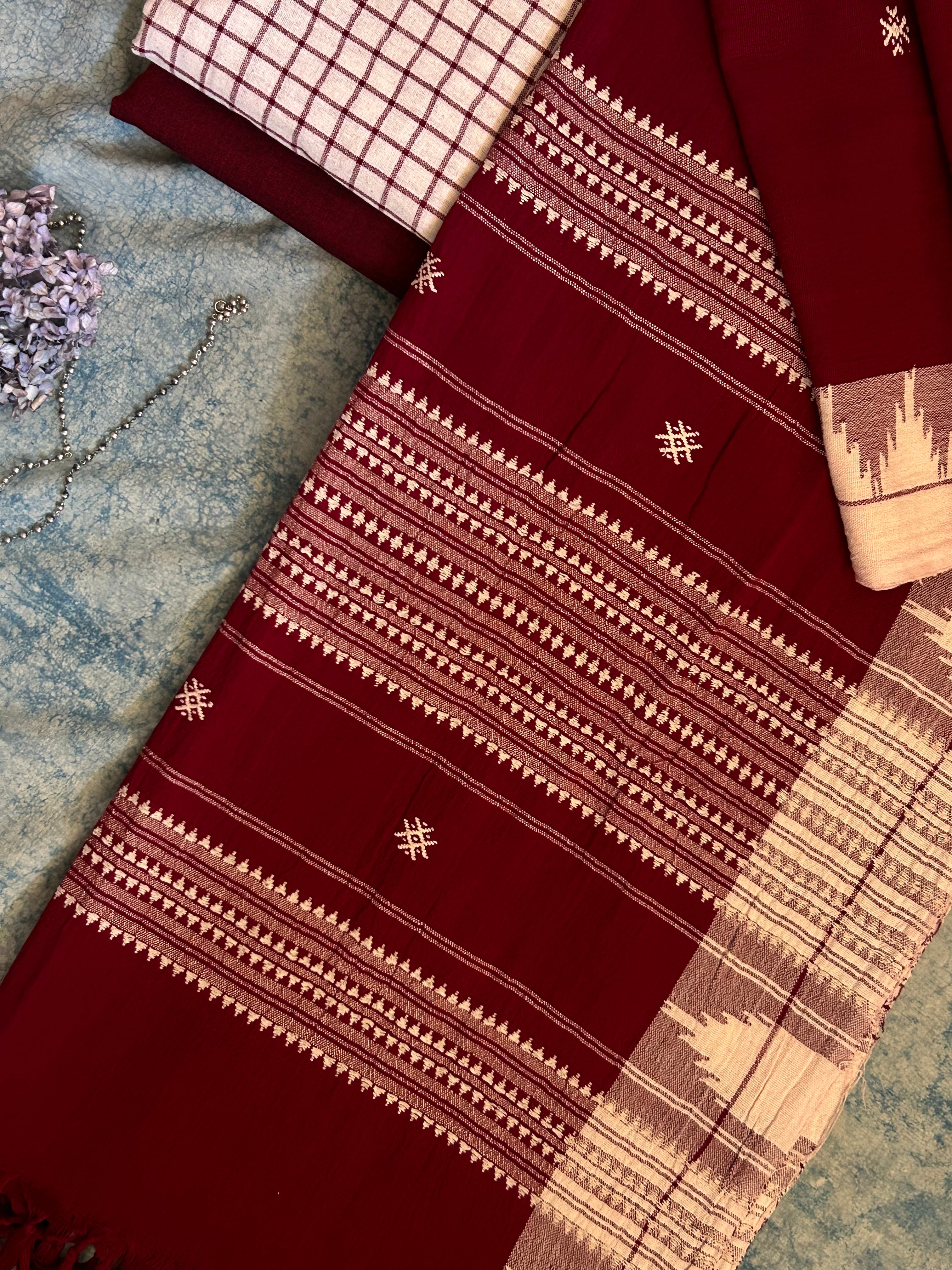 Handspun Handwoven Kotpad Suit Set - Ivory Maroon Checks