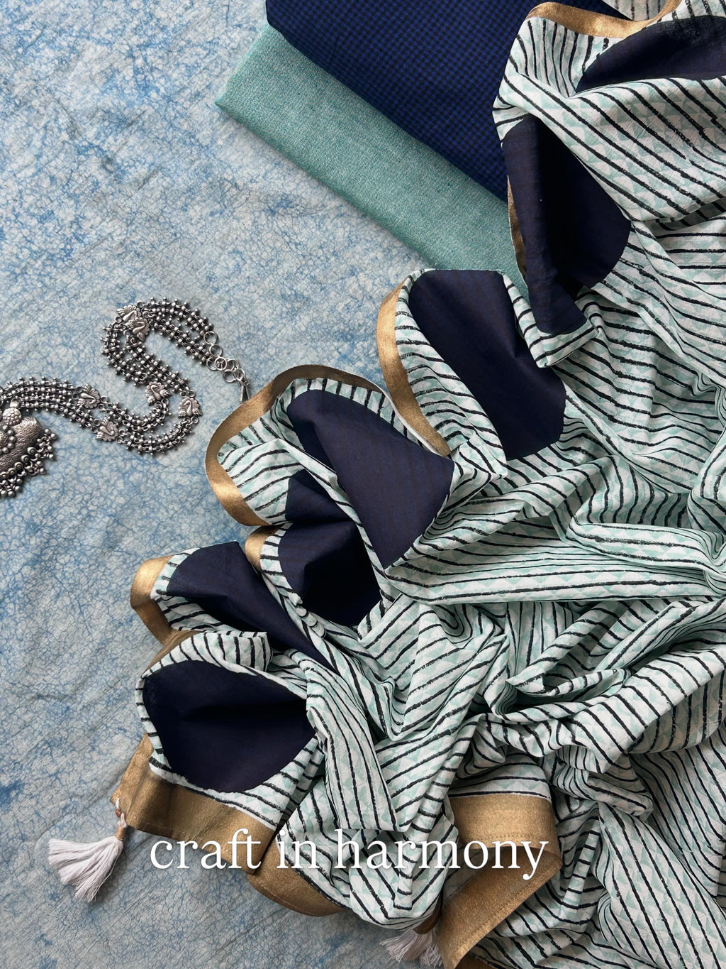 Handwoven Handblock Printed Set - Midnight blue & Turquoise