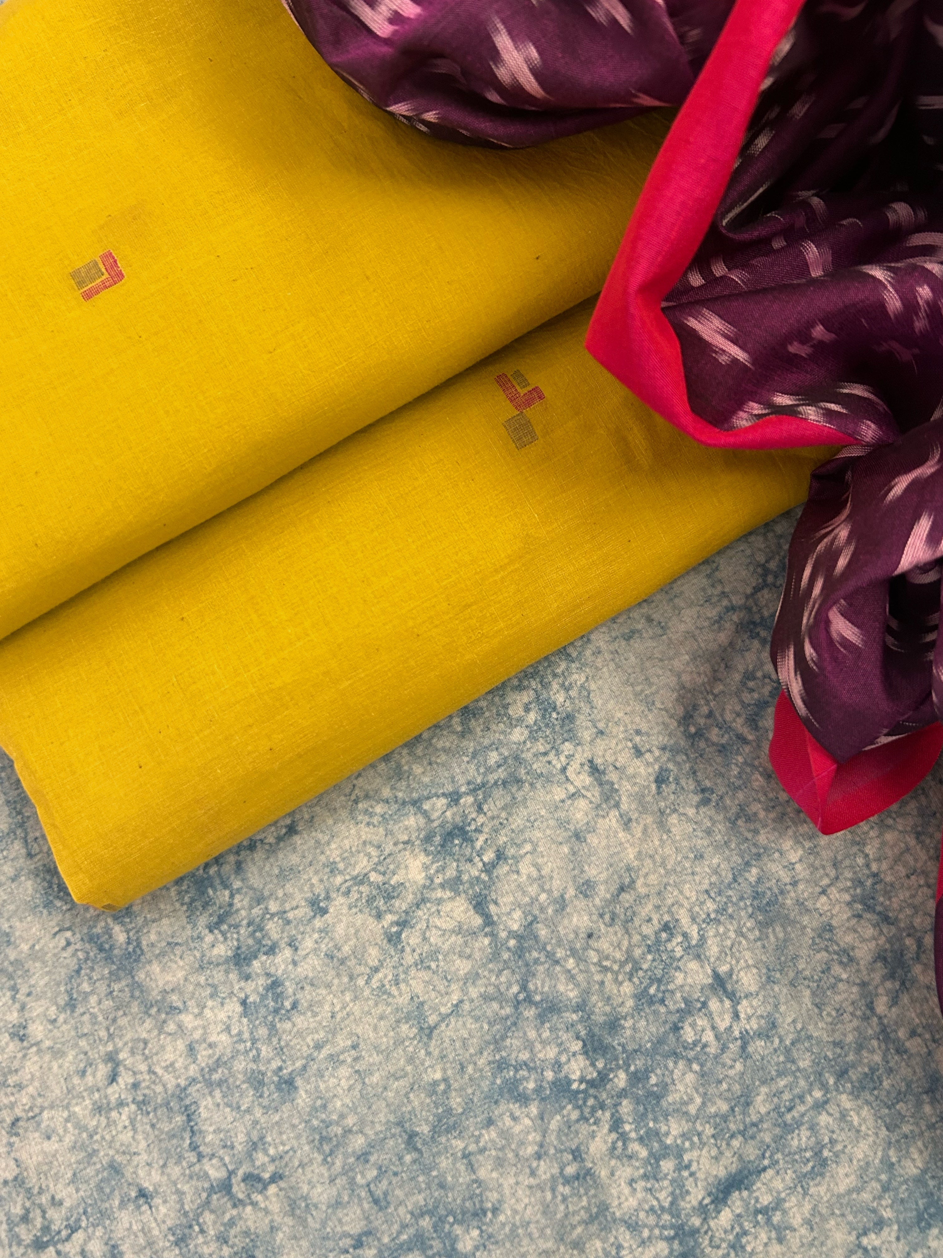 Handwoven Bengal Jamdani Ikath Kurta Dupatta set - Earthy Mustard