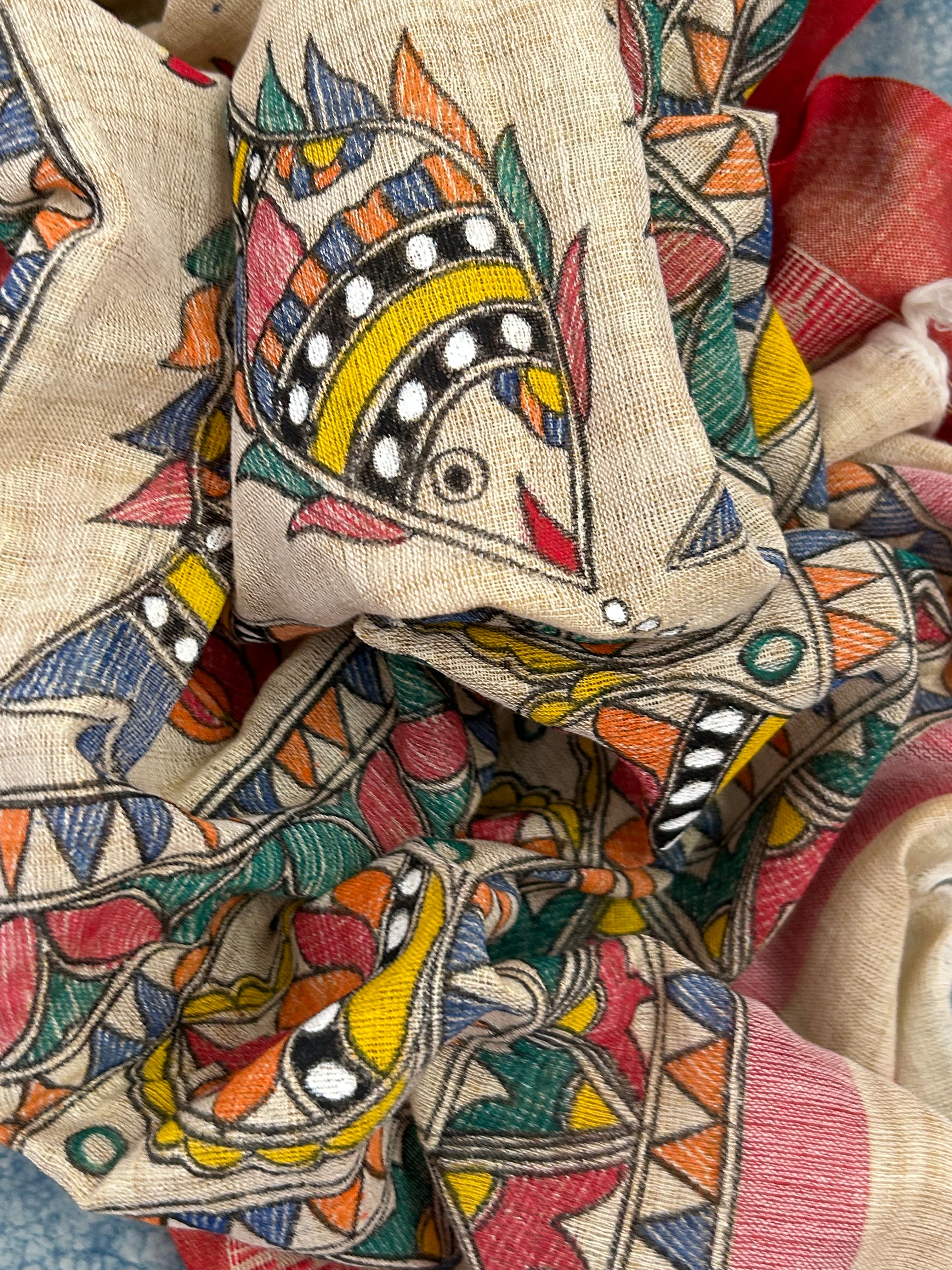 Madhubani Handpainted Cotton Silk Dupatta