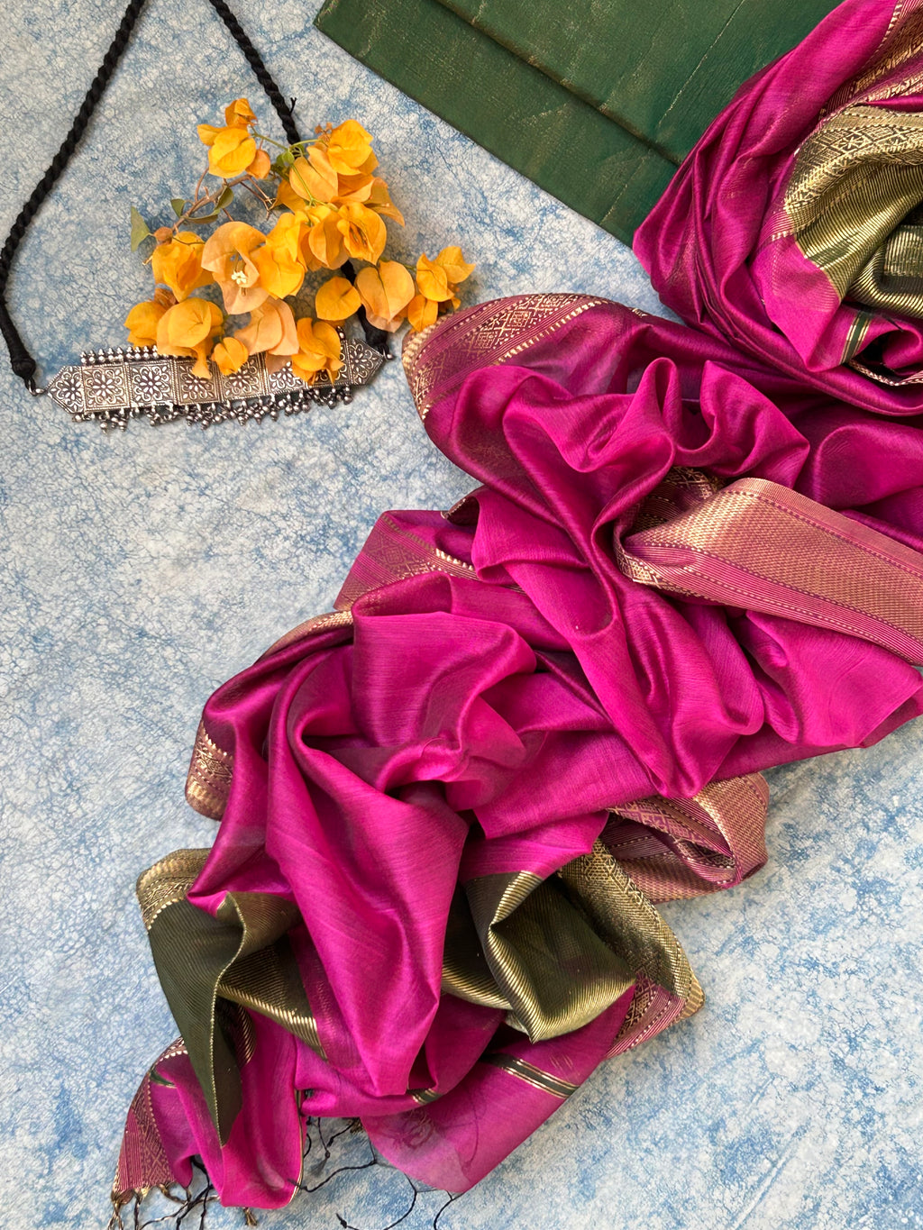 Handwoven Maheshwari Kurta Dupatta Set - Green and Pink