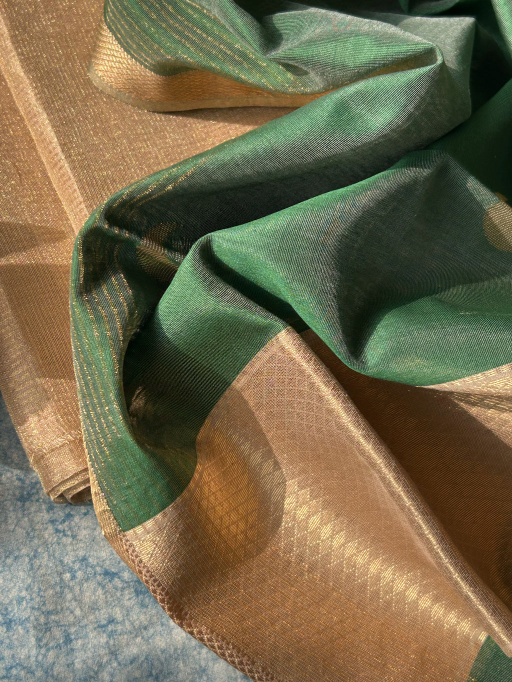 Handwoven Maheshwari Tissue Kurta Dupatta Set -Gold & Green