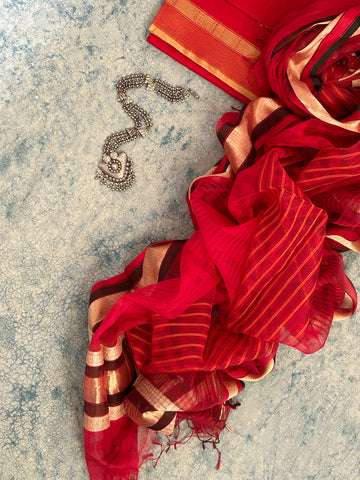 Handwoven Maheshwari Kurta Dupatta Set - Red