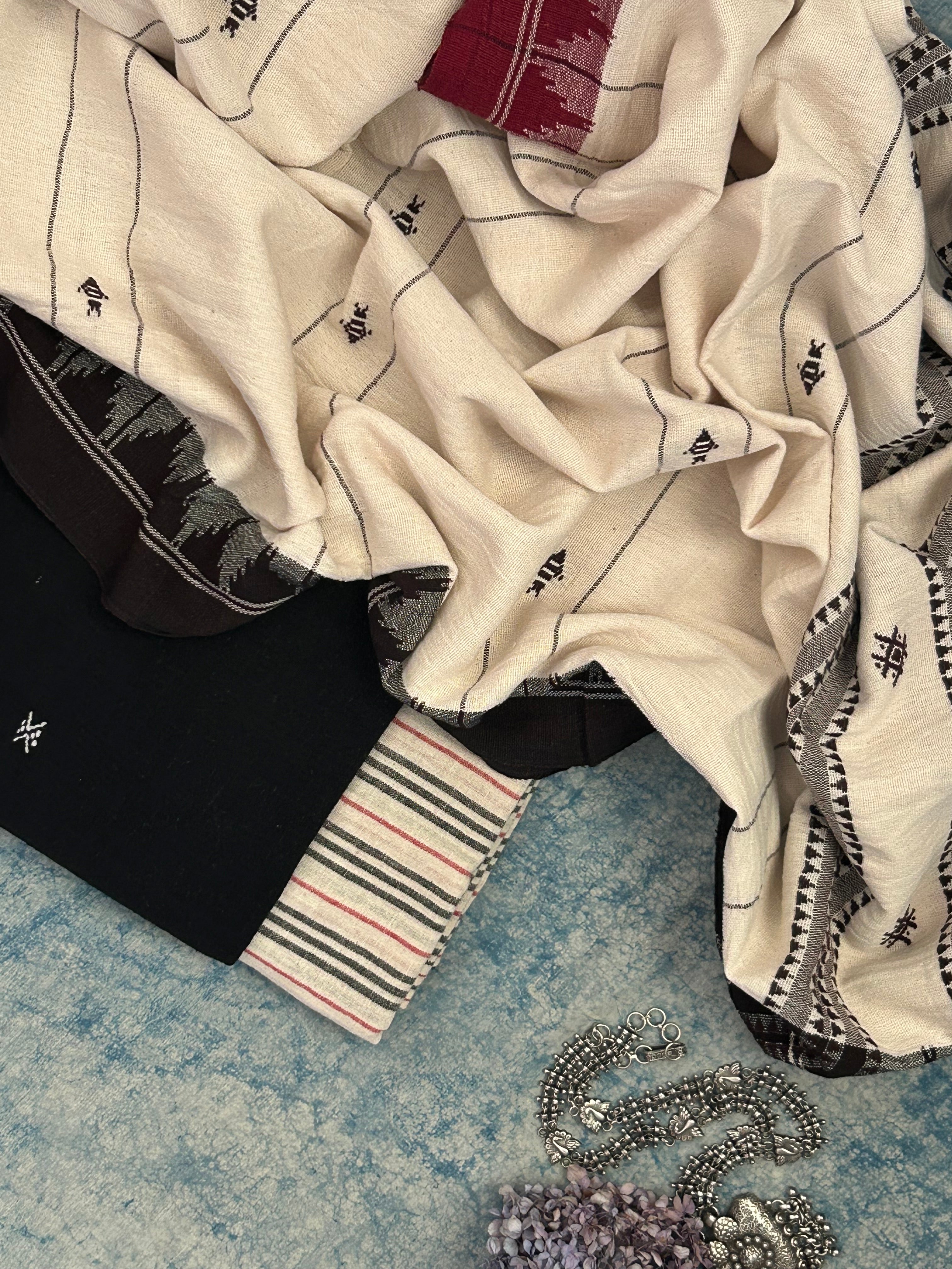 Handspun Handwoven Kotpad Suit Set -Black Butti & Ivory Multi Colour Stripe