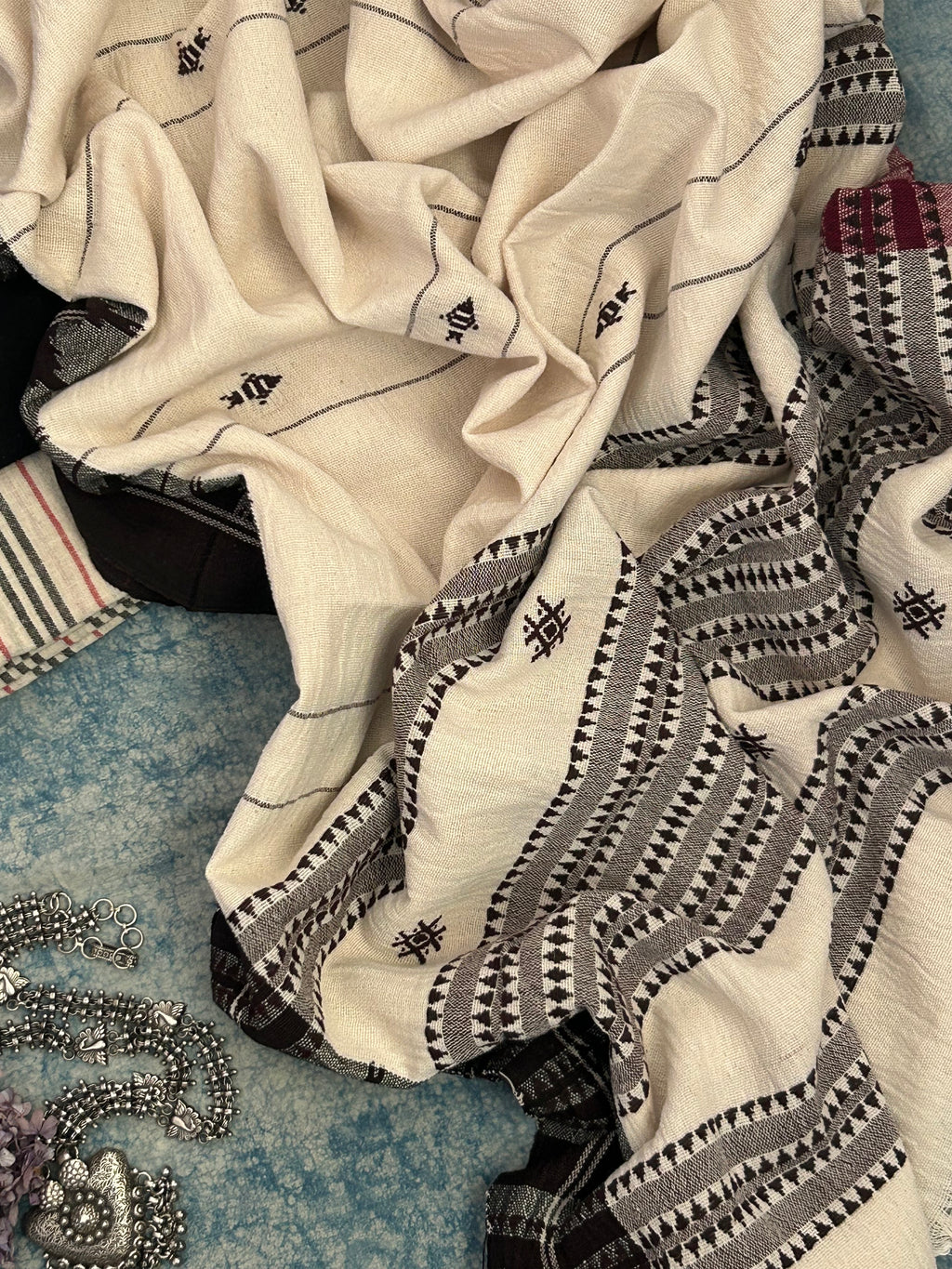 Handspun Handwoven Kotpad Suit Set -Black Butti & Ivory Multi Colour Stripe