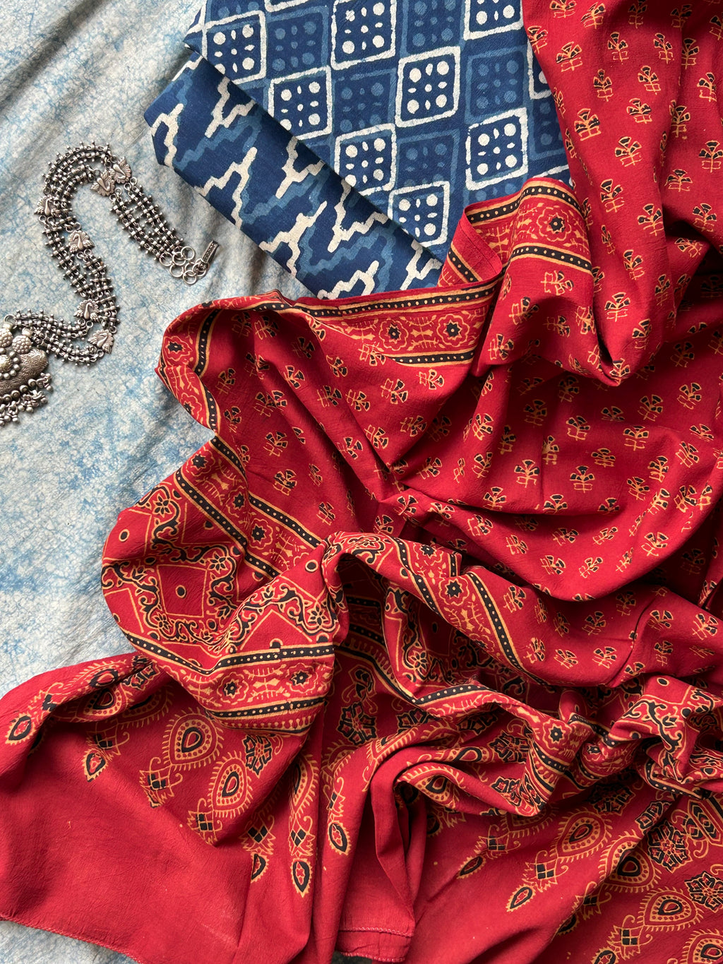 Daboo and Ajrakh Handblock Printed Set - Indigo and Madder Red