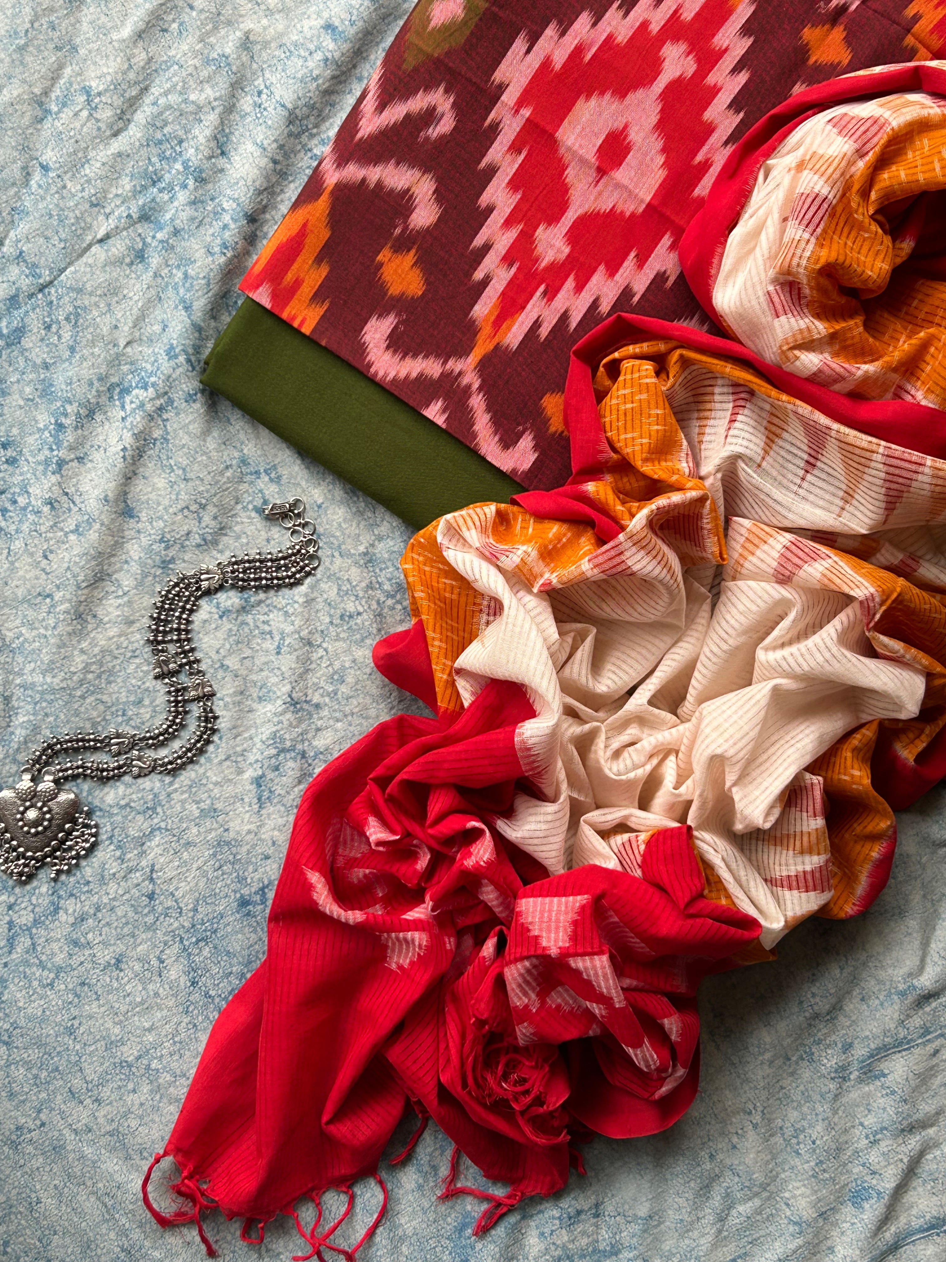 Anurag - Handwoven Central Asian Pochampally  Ikath Kurta Dupatta Set