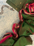 Handwoven Maheshwari Kurta Dupatta Set -Green & Pink