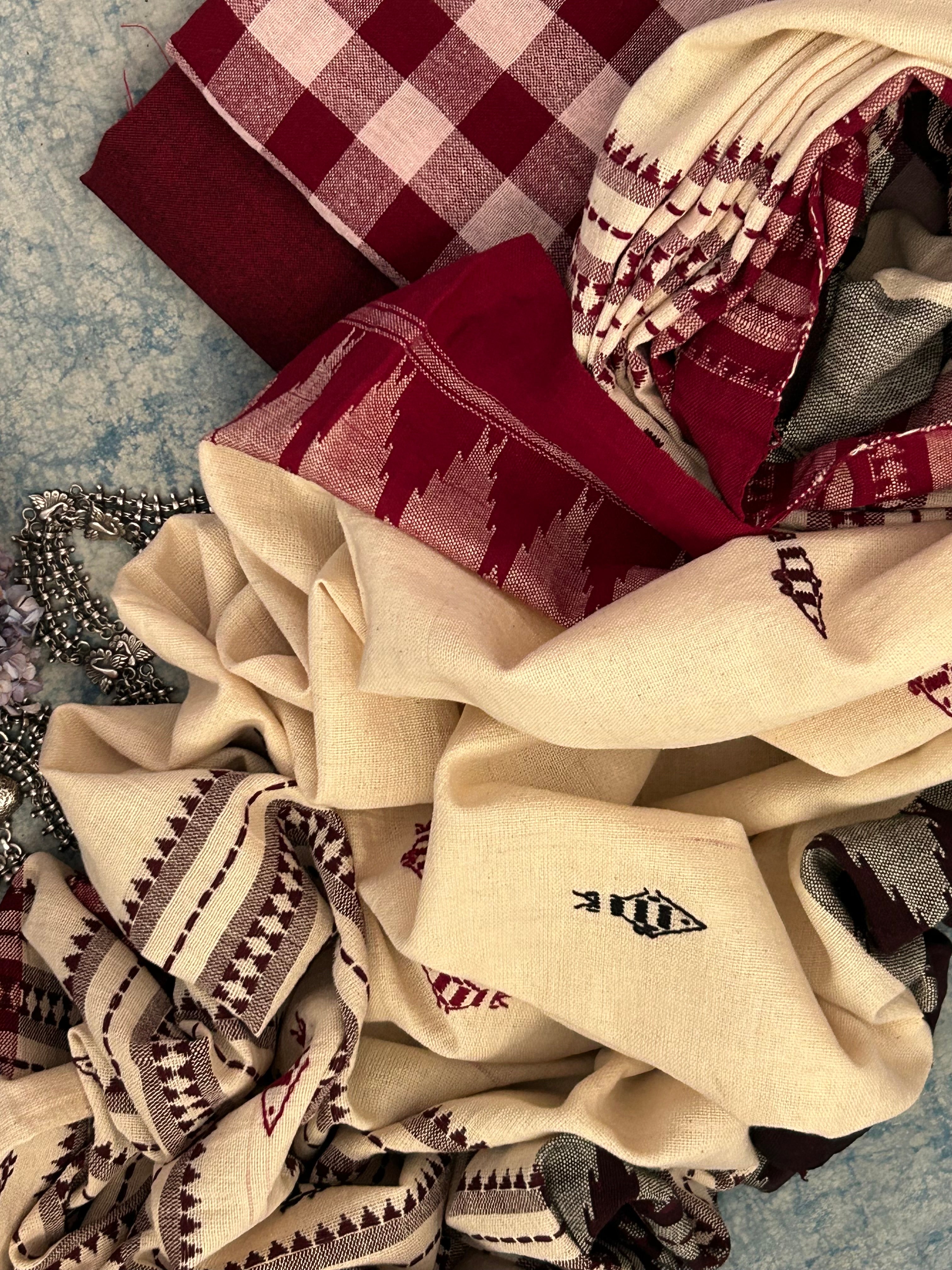 Handspun Handwoven Kotpad Suit Set - Maroon Checks
