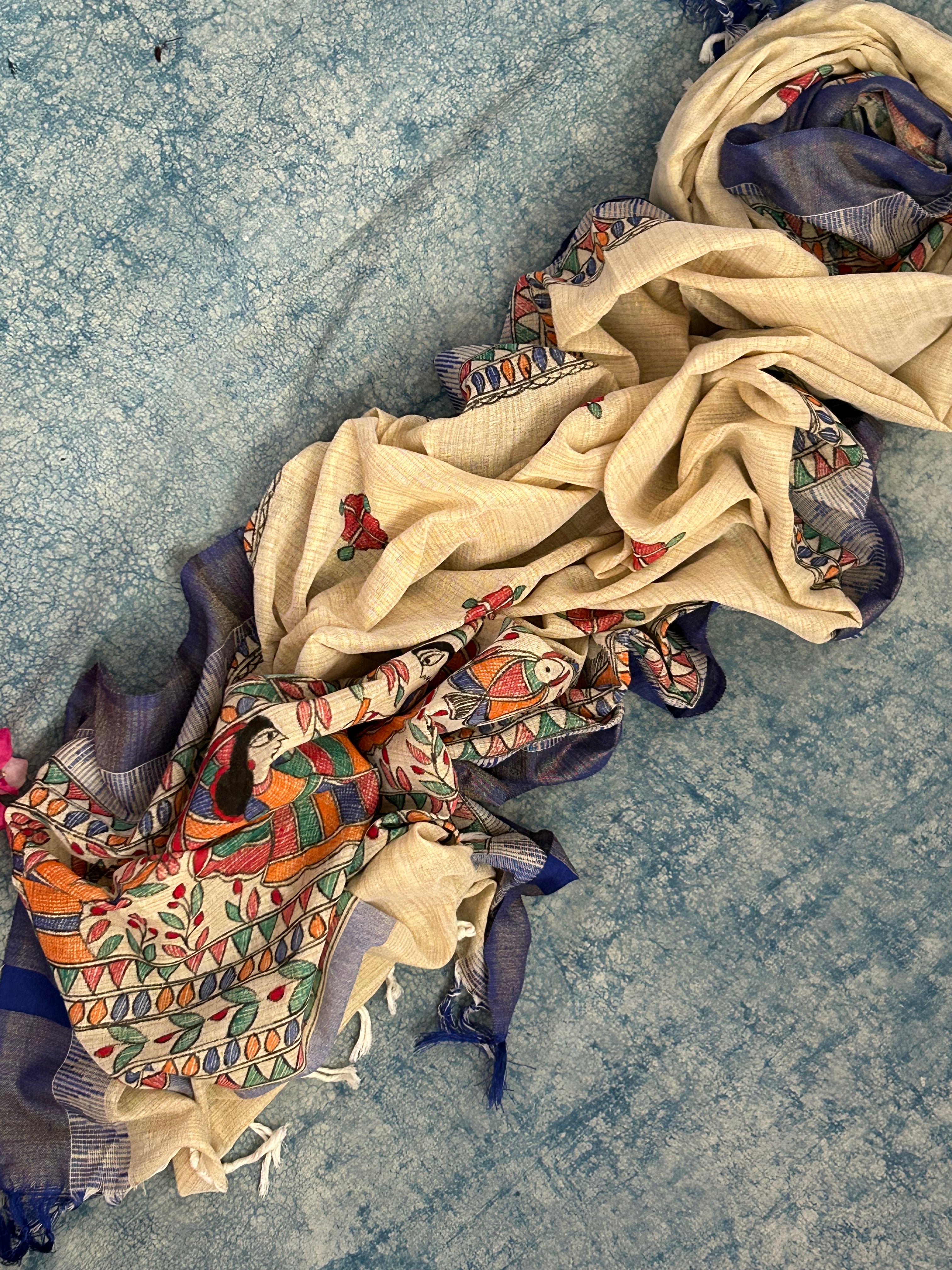 Madhubani Handpainted Cotton Silk Dupatta
