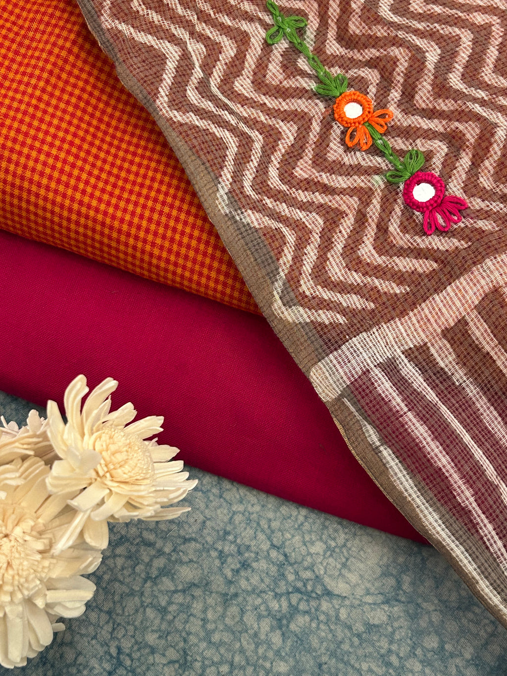 Handwoven Cotton Hand Embroidered Kota Dupatta Set -The Sunset Hues
