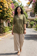 Handblock Cotton Anti Fit Shirt - Moss Green