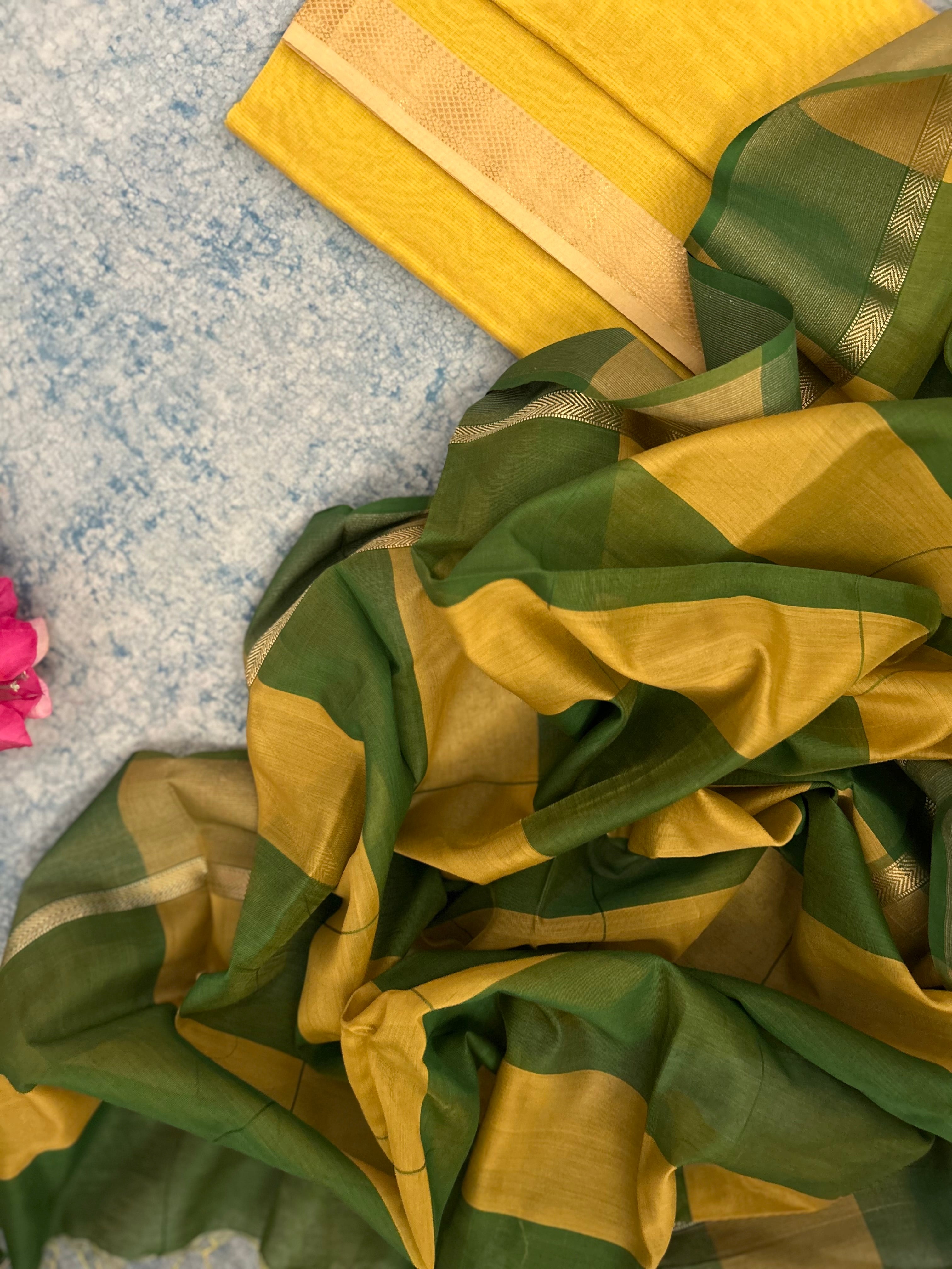 Handwoven Maheshwari Kurta Dupatta Set - Lemon Yellow & Green