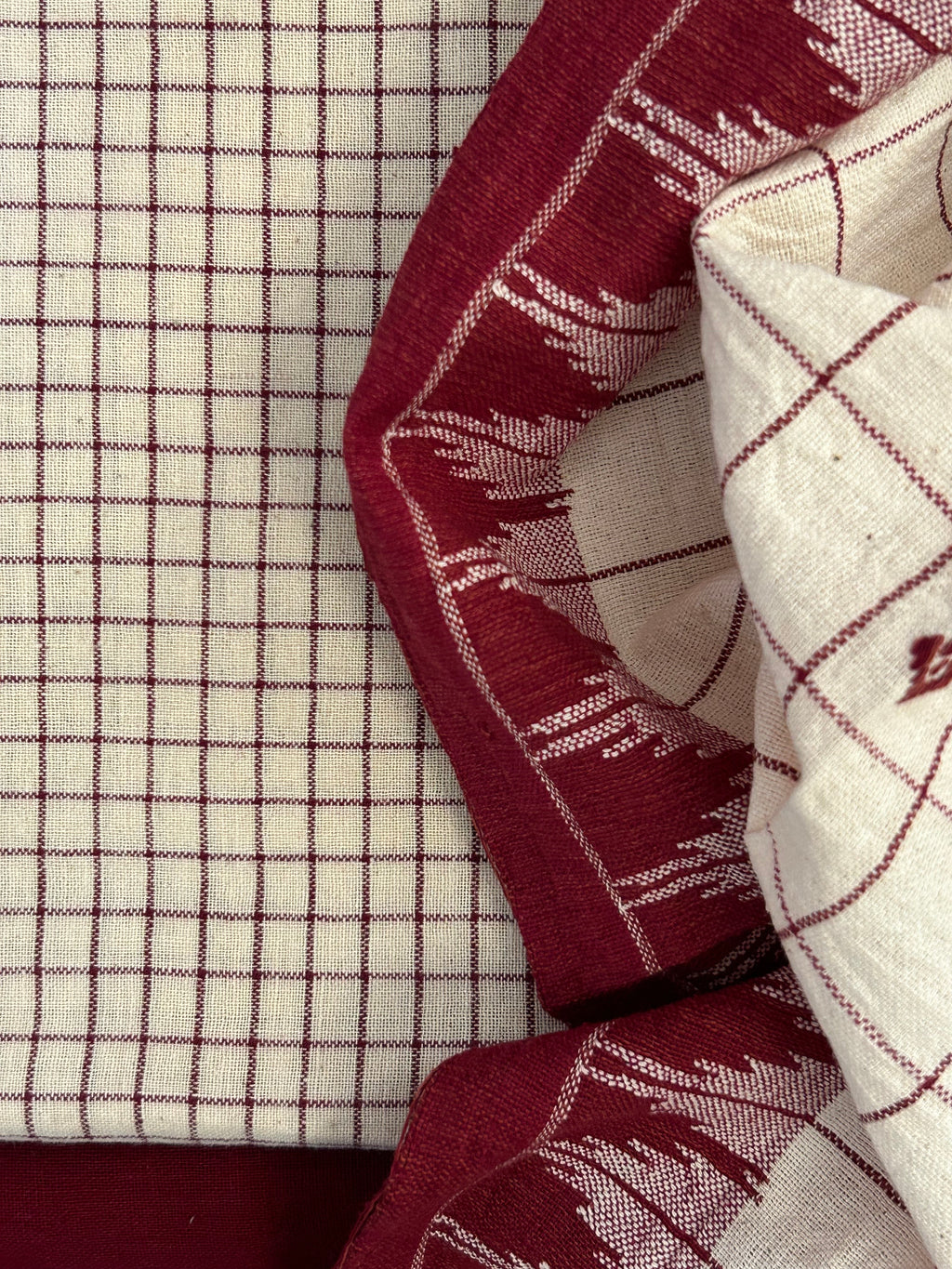 Handspun Handwoven Kotpad Suit Set - Ivory Checks and Maroon
