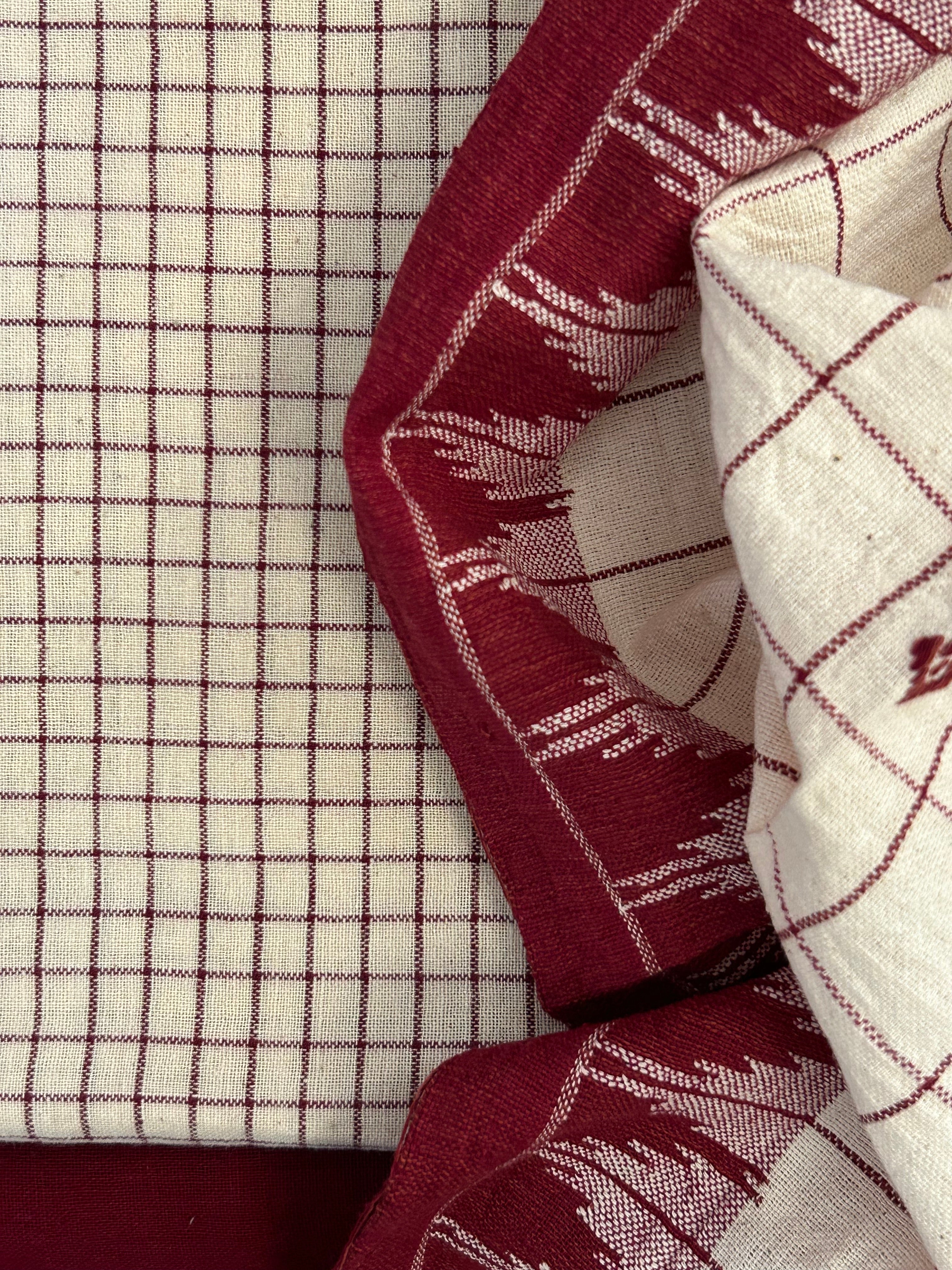 Handspun Handwoven Kotpad Suit Set - Ivory Checks and Maroon
