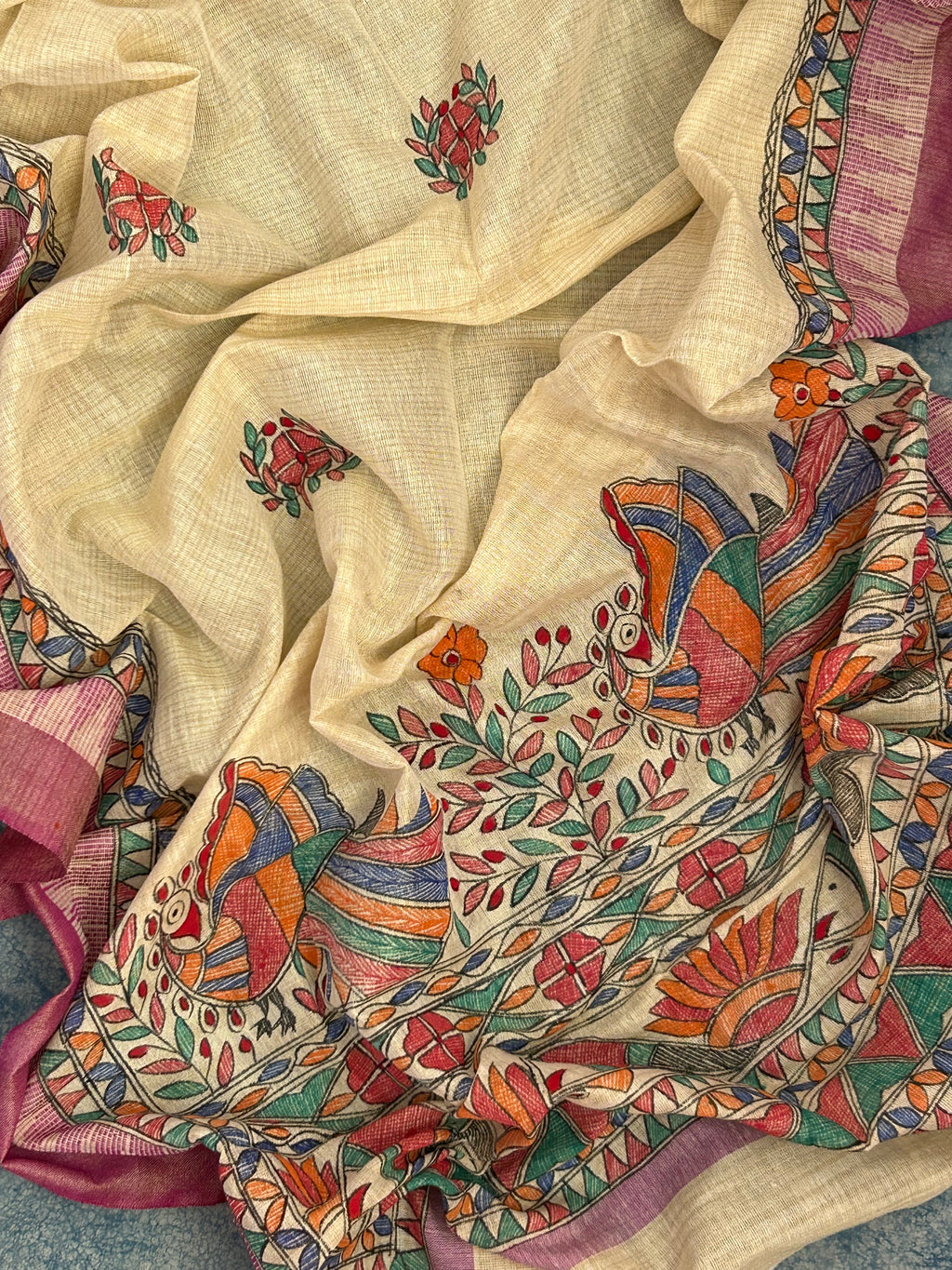 Madhubani Handpainted Cotton Silk Dupatta