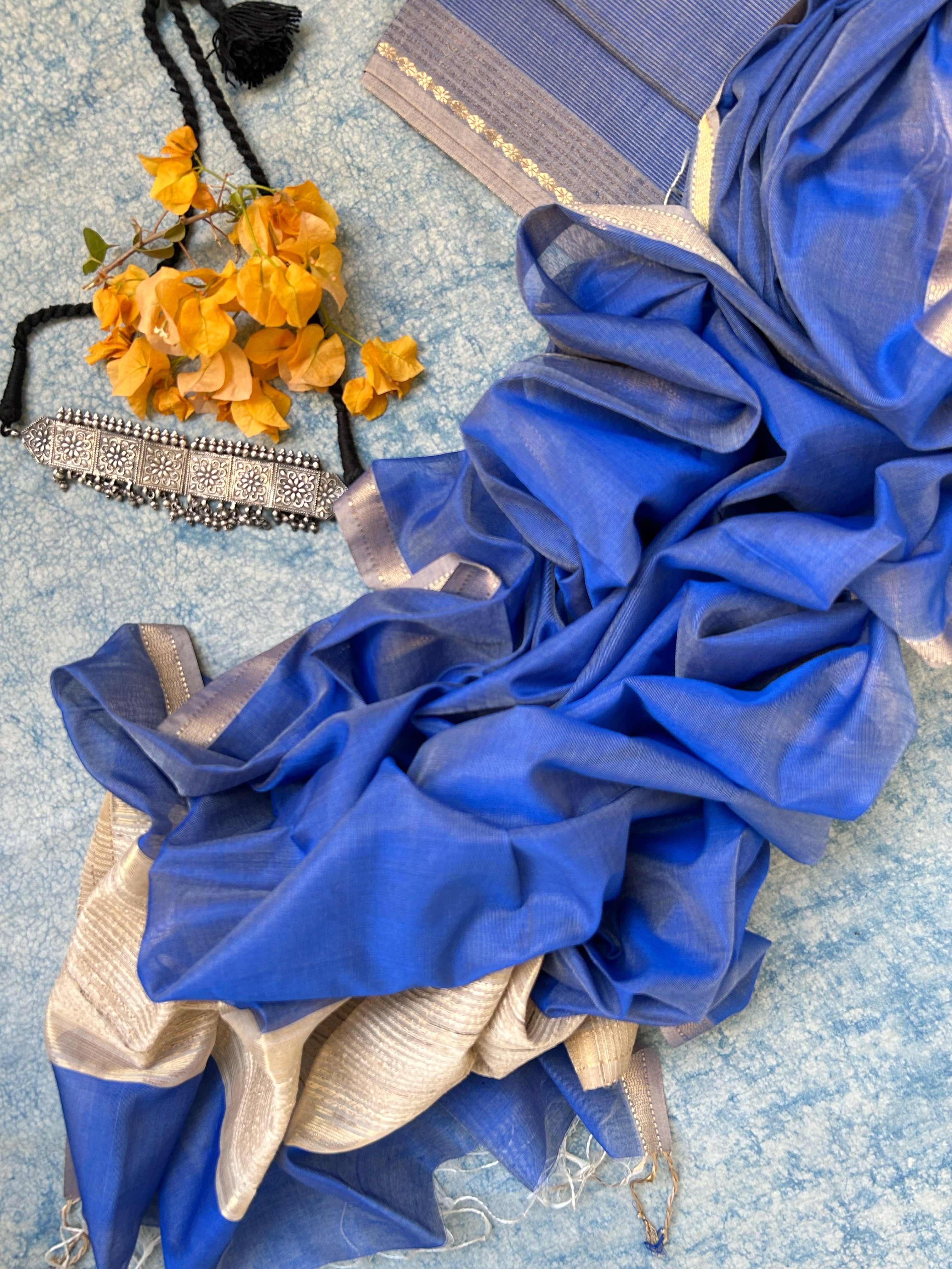 Handwoven Maheshwari Kurta Dupatta Set -Cobalt Blue